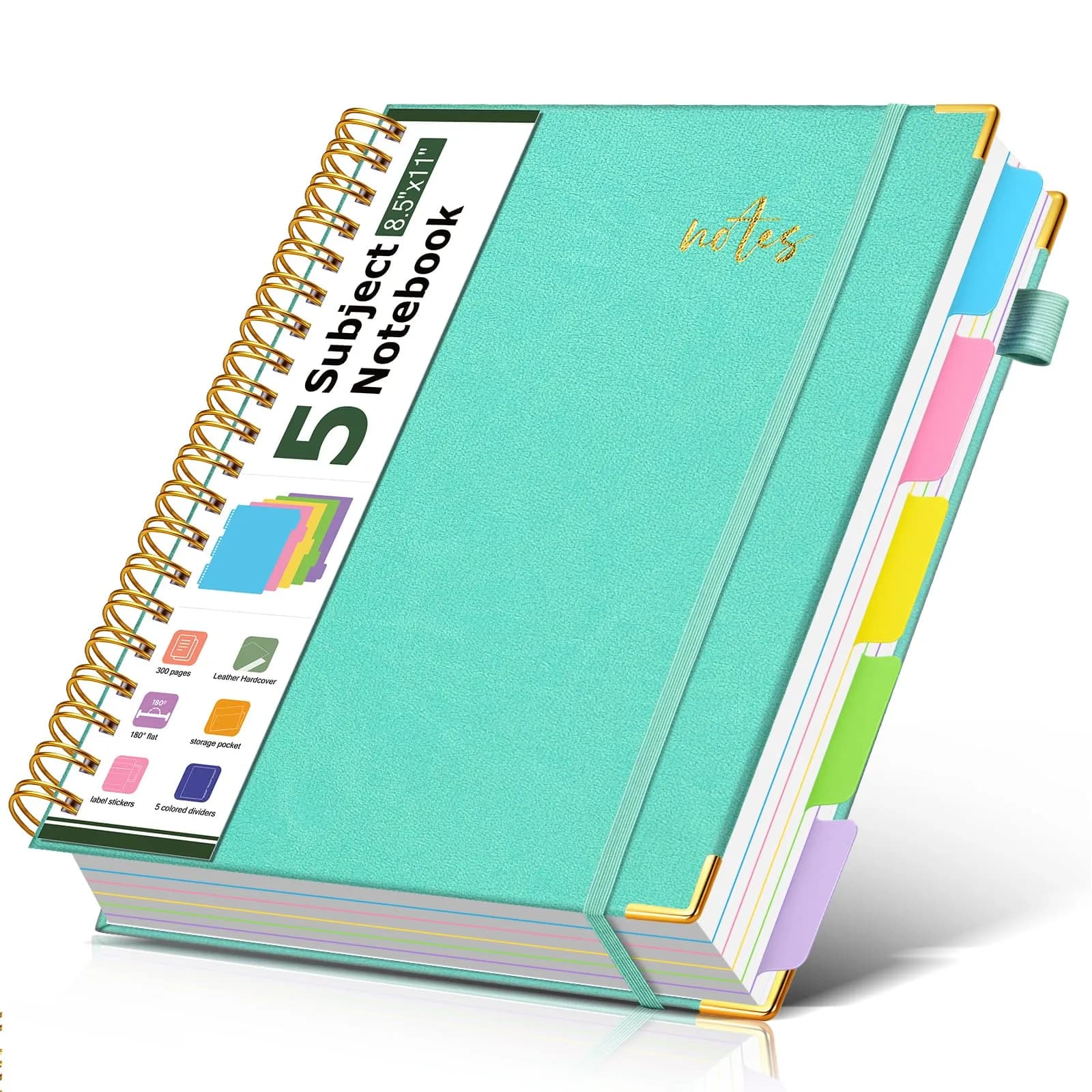 PAPEJOON Hardcover Spiral Notebook Journal 8.5" x 11" (21.6 x 27.9 cm) 300 Pages | 5 Subject Organizer for Work & School — Aqure
