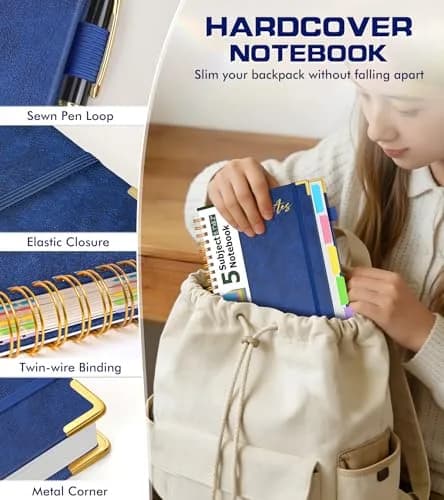 PAPEJOON 5 Subject Spiral Notebook Journal 300 Pages (B5 Size, Navy) | College Ruled Hardcover Leather Notebook thumbnail 2