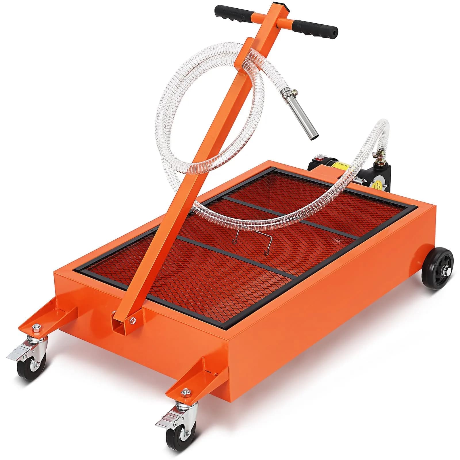 PhoenixCrest 15 Gallon Low Profile Oil Drain Pan with 12v 180w Electric Pump, 65l Heavy-Duty for Cars & Trucks | Fast Oil Change — Orange