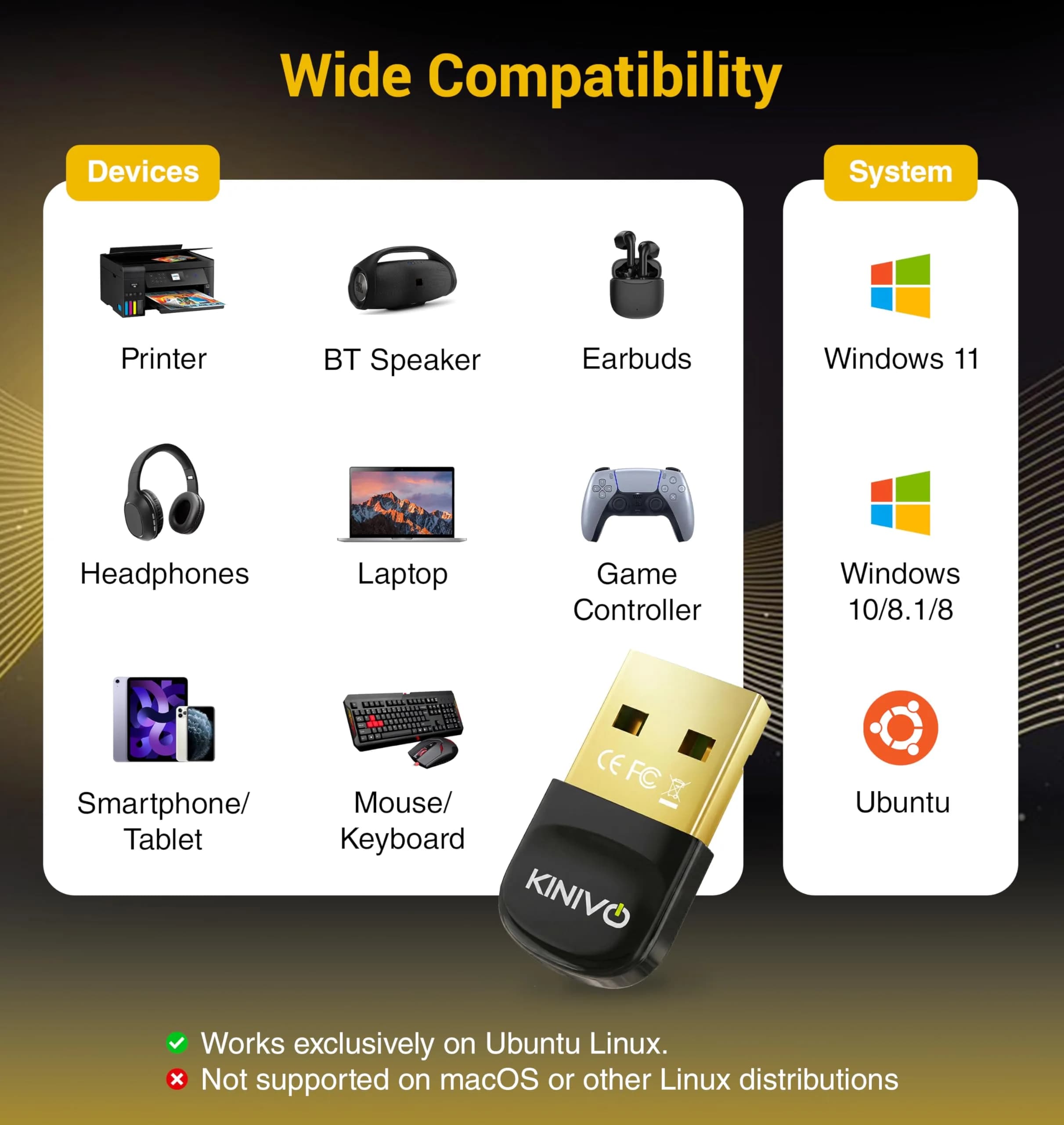 Kinivo BTD600 USB Bluetooth 6.0 Adapter for PC | 20m (66ft) Range, Plug & Play - view 4