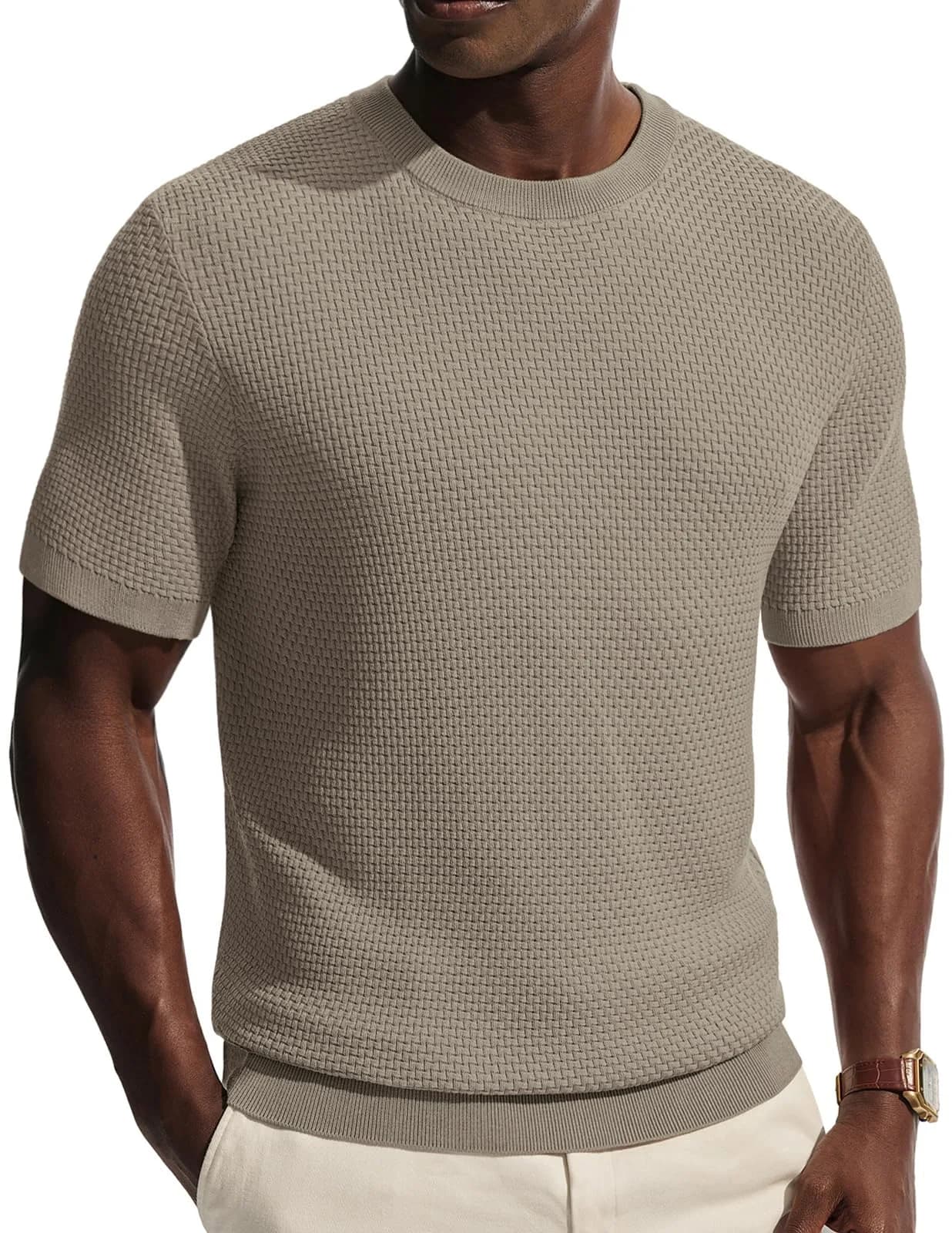 PJ PAUL JONES Men's Classic Short Sleeve Knit Tee Textured Solid Khaki Medium | Breathable Cool Touch Fabric — Khaki