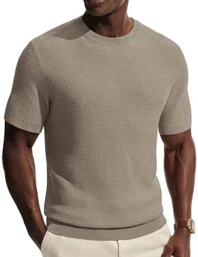 PJ PAUL JONES Men's Classic Short Sleeve Knit Tee Textured Solid Khaki Medium | Breathable Cool Touch Fabric thumbnail 1