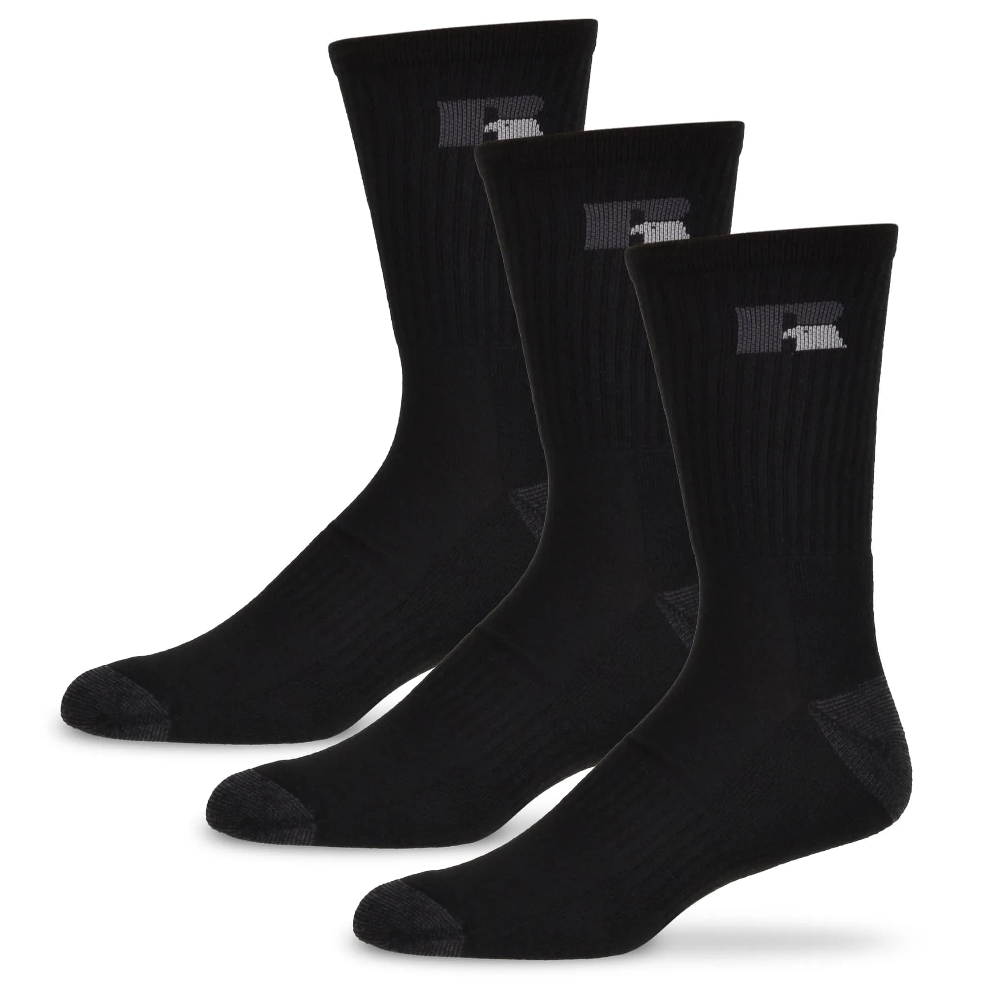 Russell Athletic Crew Socks 3-Pack | Moisture-Wicking Cushioned Athletic Socks for Men & Women — Black / Large