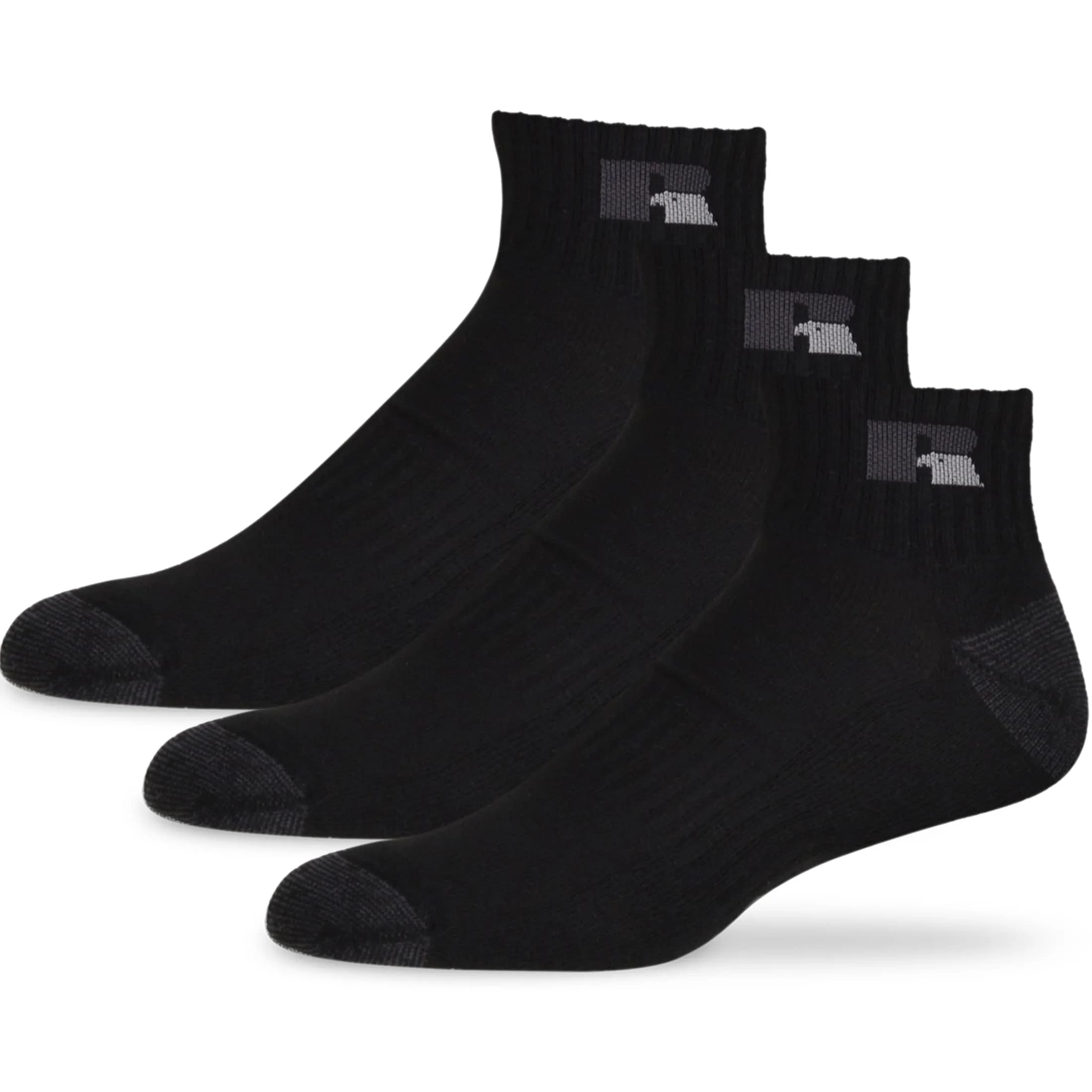 Russell Athletic Quarter Ankle Socks 3-Pack Size Medium Black | Moisture Wicking Cushioned Arch Support