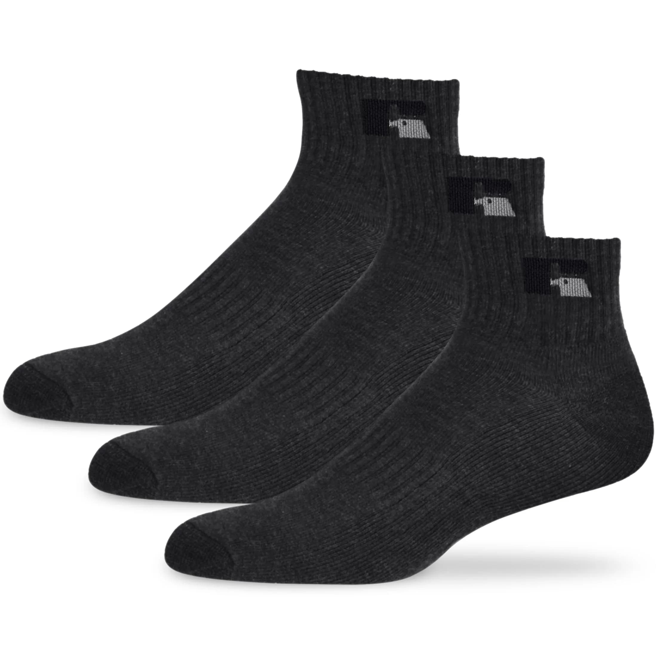Russell Athletic Quarter Ankle Socks 3-Pack Size Medium Black | Moisture Wicking Cushioned Arch Support — Charcoal / Medium
