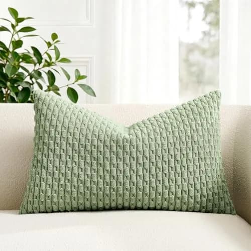K KEVIN TEXTILE Soft Corduroy Lumbar Pillow Cover 14x20 Inch | Sage Green Boho Stripe thumbnail 1