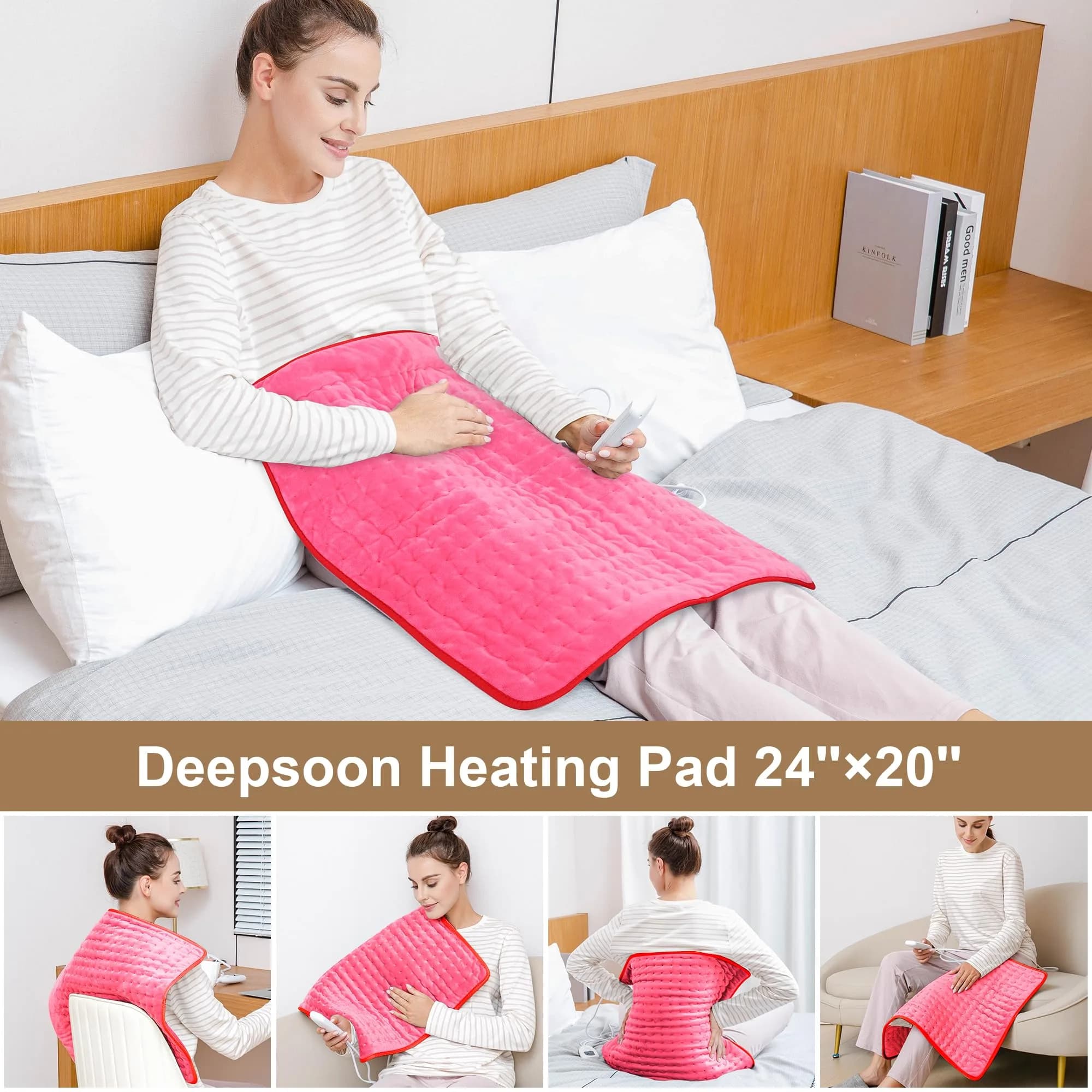Deepsoon Electric Heating Pad 24x20 Inch Fuchsia | Soothing Heat for Back, Neck, Abdomen, Legs - view 2