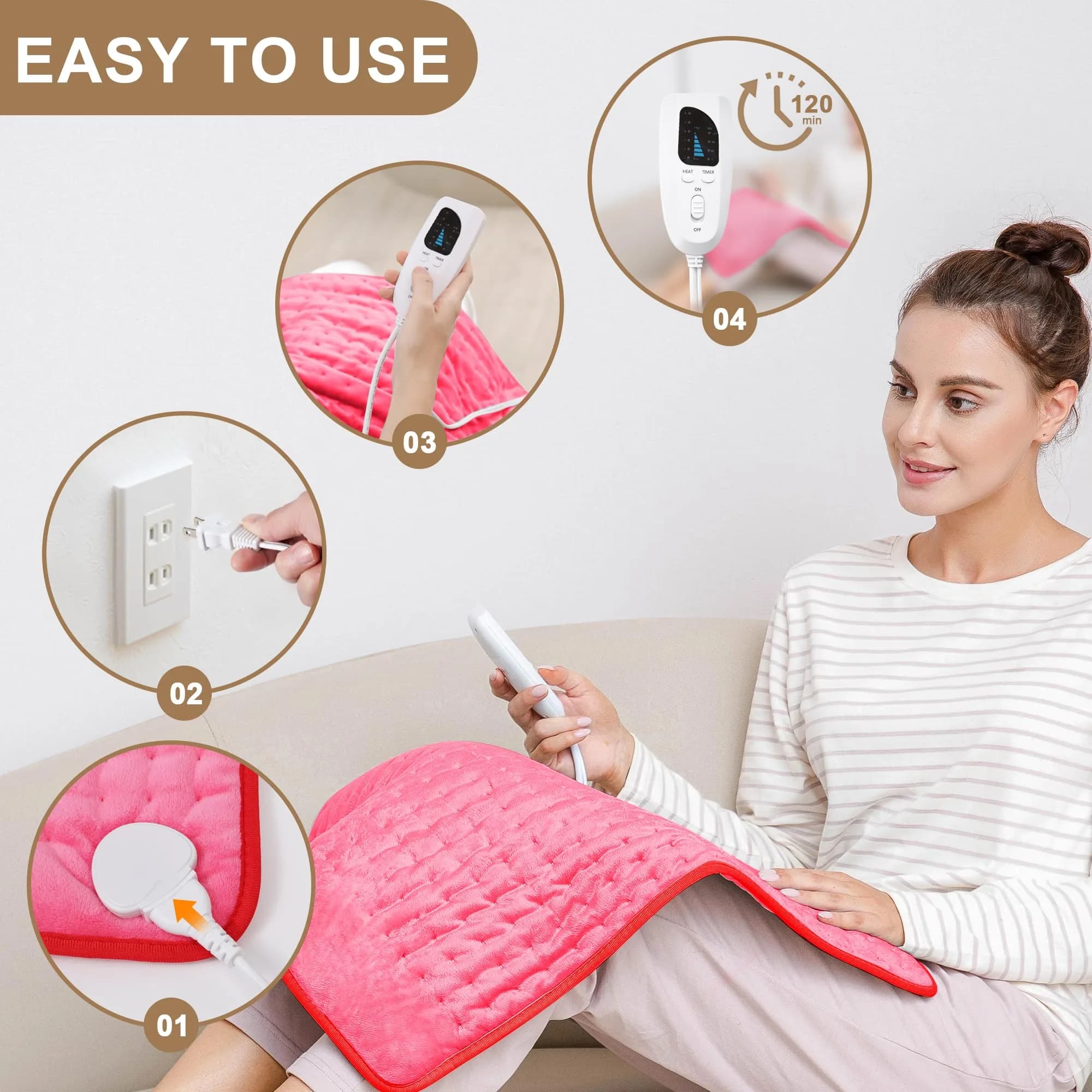 Deepsoon Electric Heating Pad 24x20 Inch Fuchsia | Soothing Heat for Back, Neck, Abdomen, Legs - view 3
