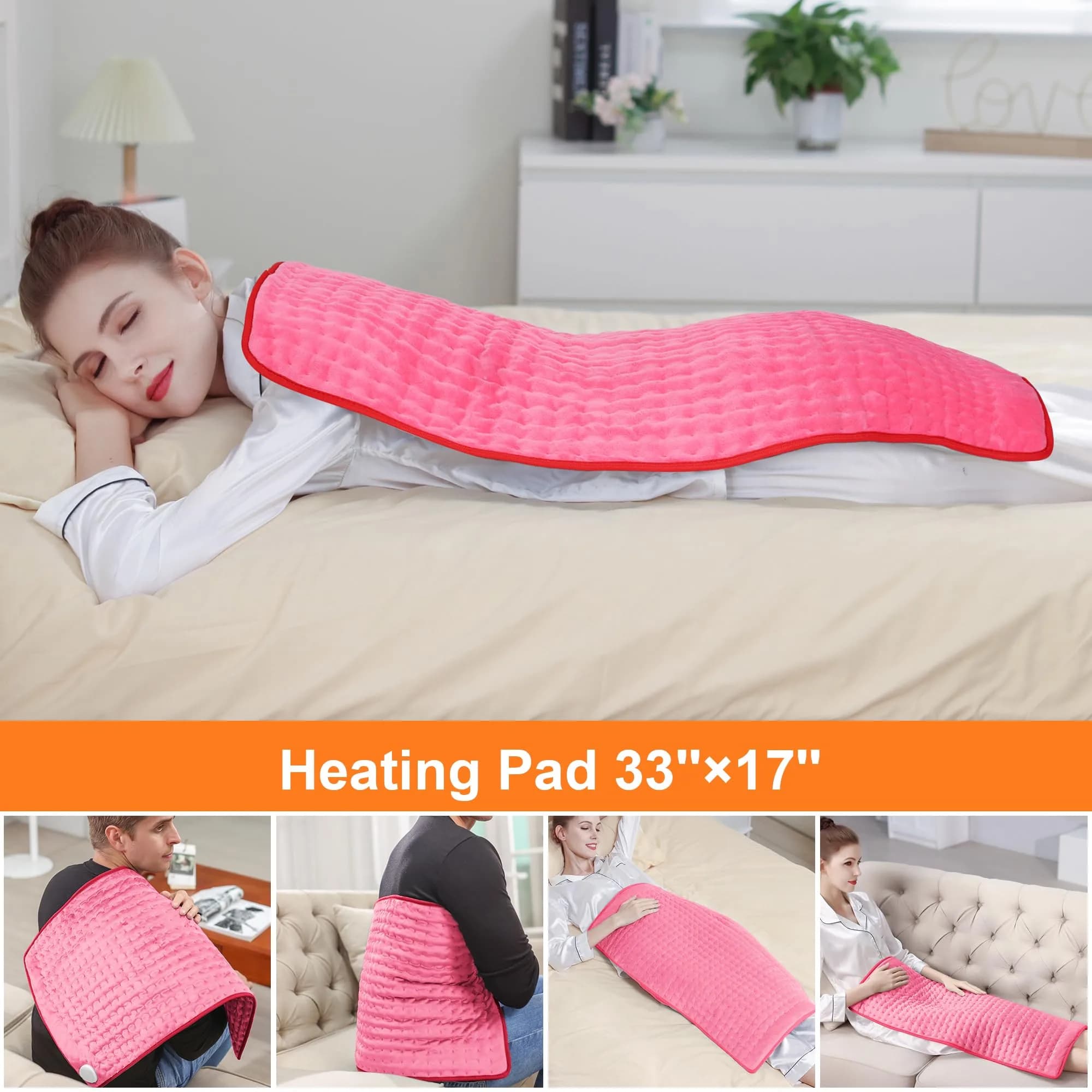 Deepsoon Electric Heating Pad for Back, Neck, Abdomen, Legs (33x17 Inch, Fuchsia) | Fast Heat & Auto Shut Off - view 2