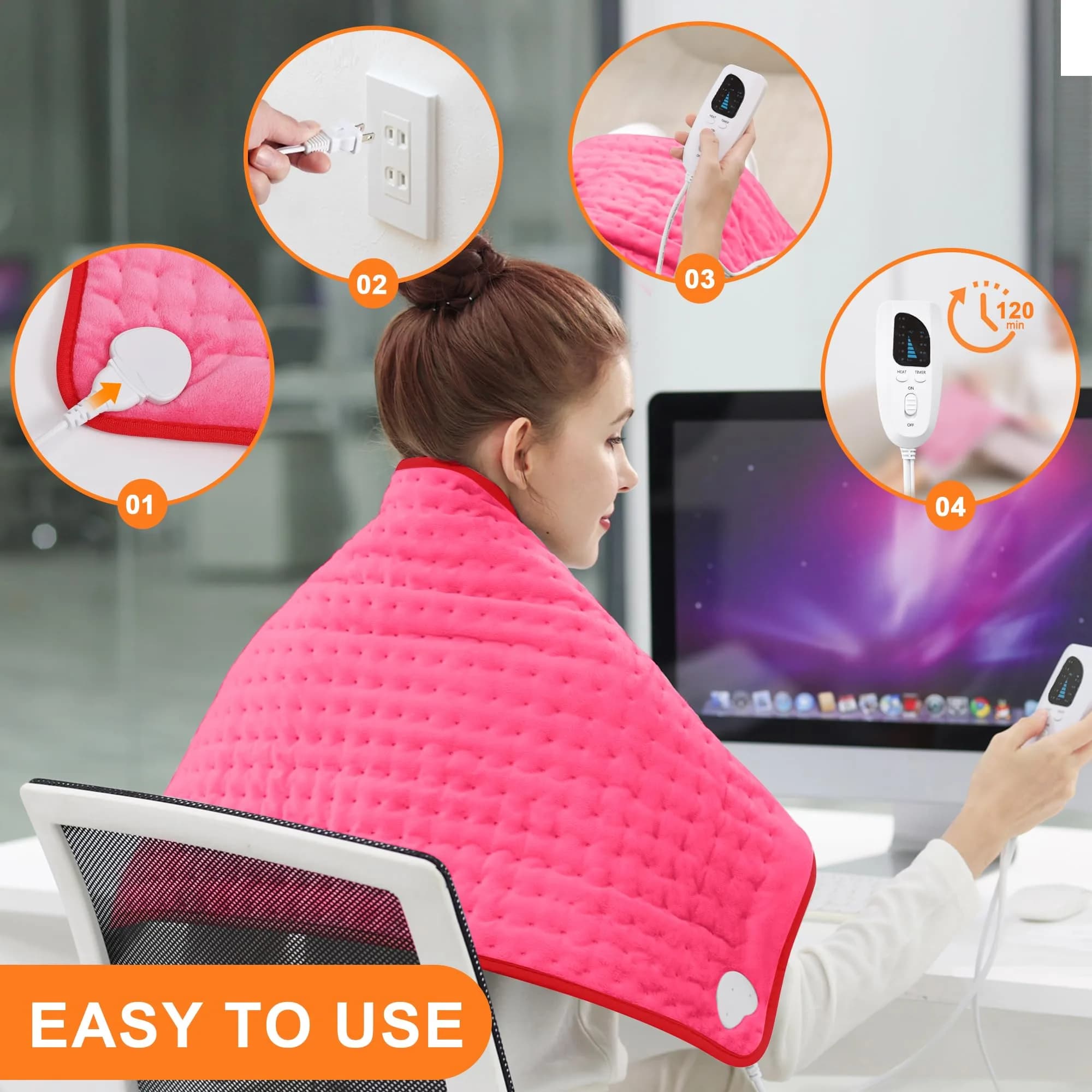 Deepsoon Electric Heating Pad for Back, Neck, Abdomen, Legs (33x17 Inch, Fuchsia) | Fast Heat & Auto Shut Off - view 3