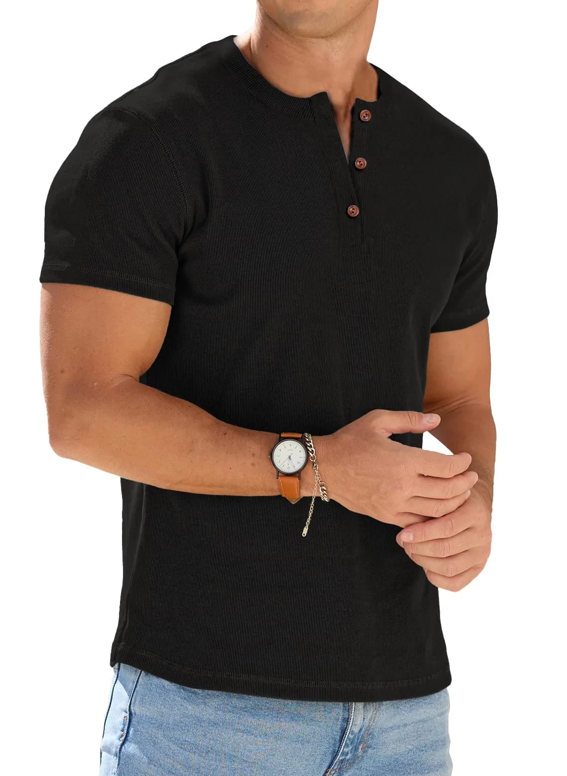 Sailwind Mens Muscle Henley Shirts Lightweight Workout T-Shirt Short Sleeve with Button Black | Classic Fit, Soft Fabric — Black