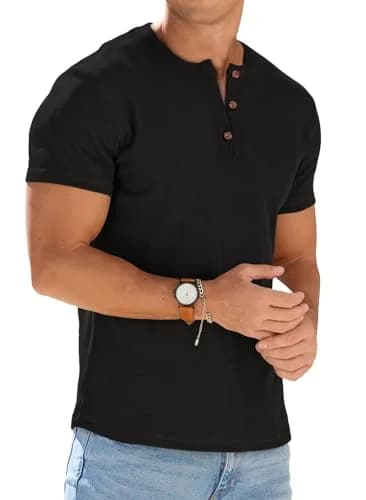 Sailwind Mens Muscle Henley Shirts Lightweight Workout T-Shirt Short Sleeve with Button Black | Classic Fit, Soft Fabric thumbnail 1