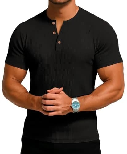 Sailwind Mens Muscle Henley Shirts Lightweight Workout T-Shirt Short Sleeve with Button Black | Classic Fit, Soft Fabric thumbnail 4