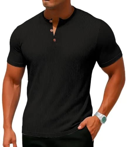 Sailwind Mens Muscle Henley Shirts Lightweight Workout T-Shirt Short Sleeve with Button Black | Classic Fit, Soft Fabric thumbnail 2