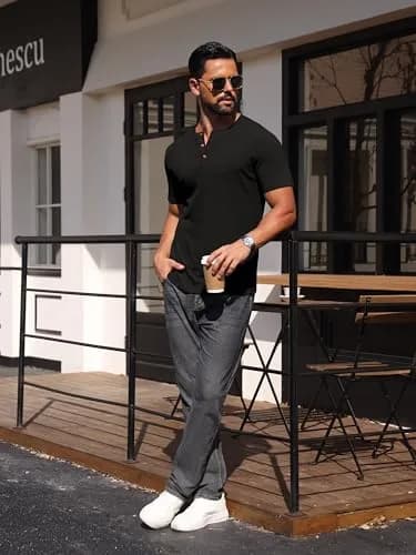 Sailwind Mens Muscle Henley Shirts Lightweight Workout T-Shirt Short Sleeve with Button Black | Classic Fit, Soft Fabric thumbnail 3