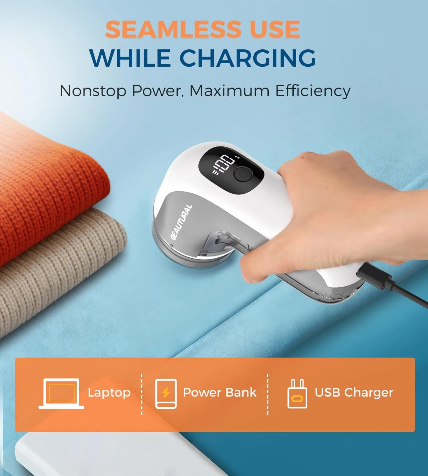 BEAUTURAL Rechargeable Fabric Shaver and Lint Remover, Portable Sweater Defuzzer with 3 Speeds | Removes Pilling from Clothes and Upholstery - view 5