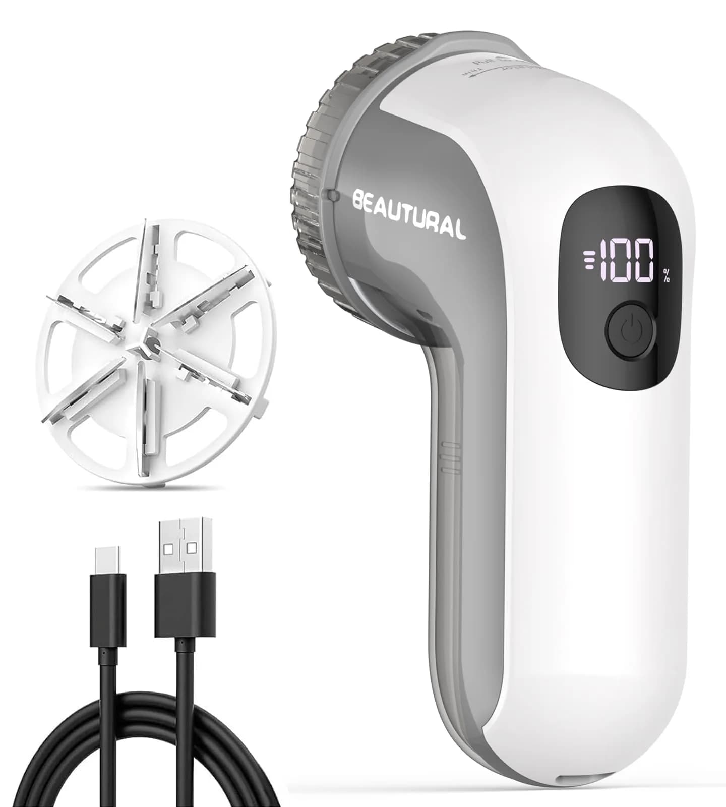 BEAUTURAL Gray & White Fabric Shaver and Lint Remover, Standard Size Sweater Defuzzer with 2 Extra Blades - main product image