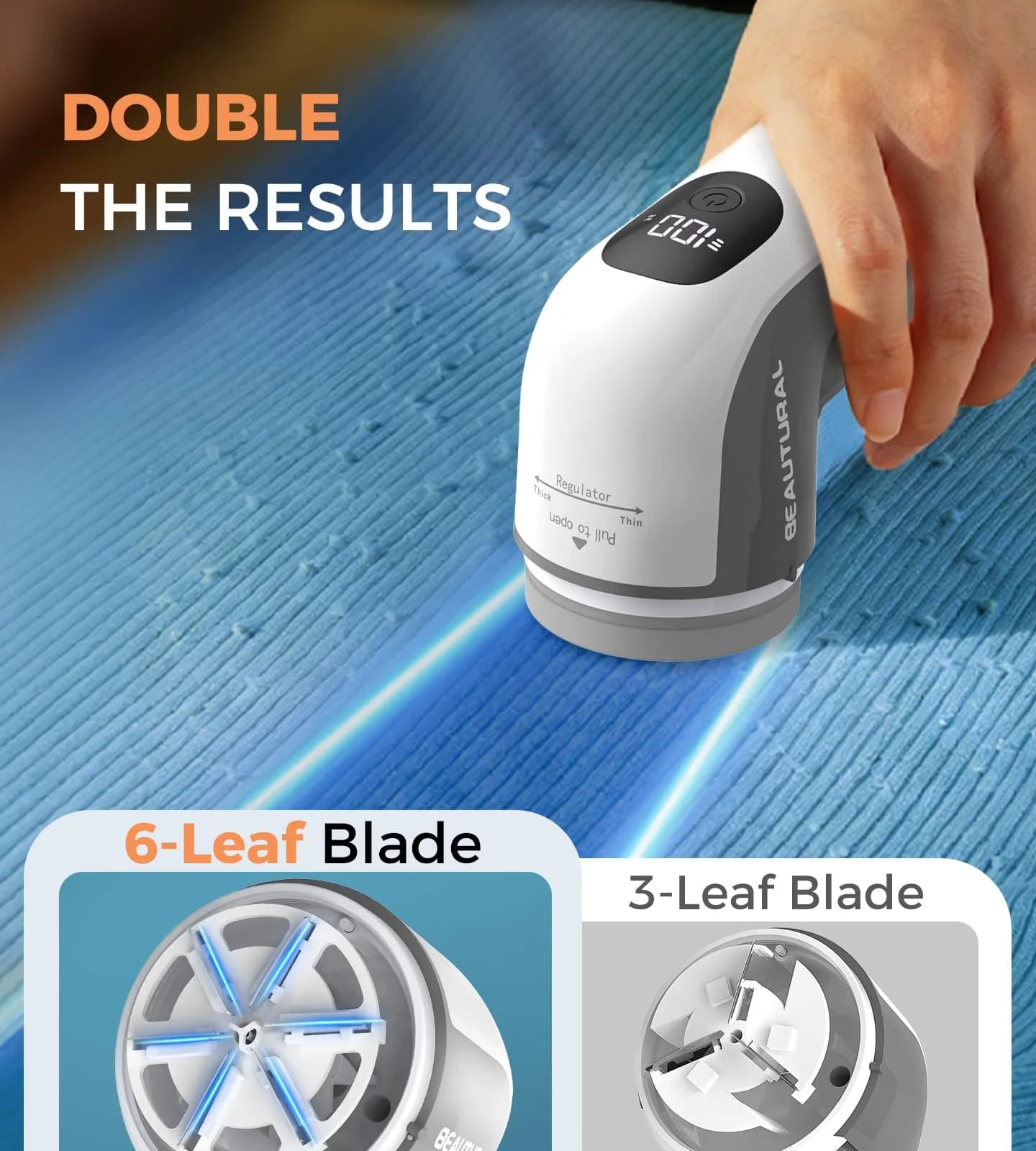 BEAUTURAL Gray & White Fabric Shaver and Lint Remover, Standard Size Sweater Defuzzer with 2 Extra Blades - view 2