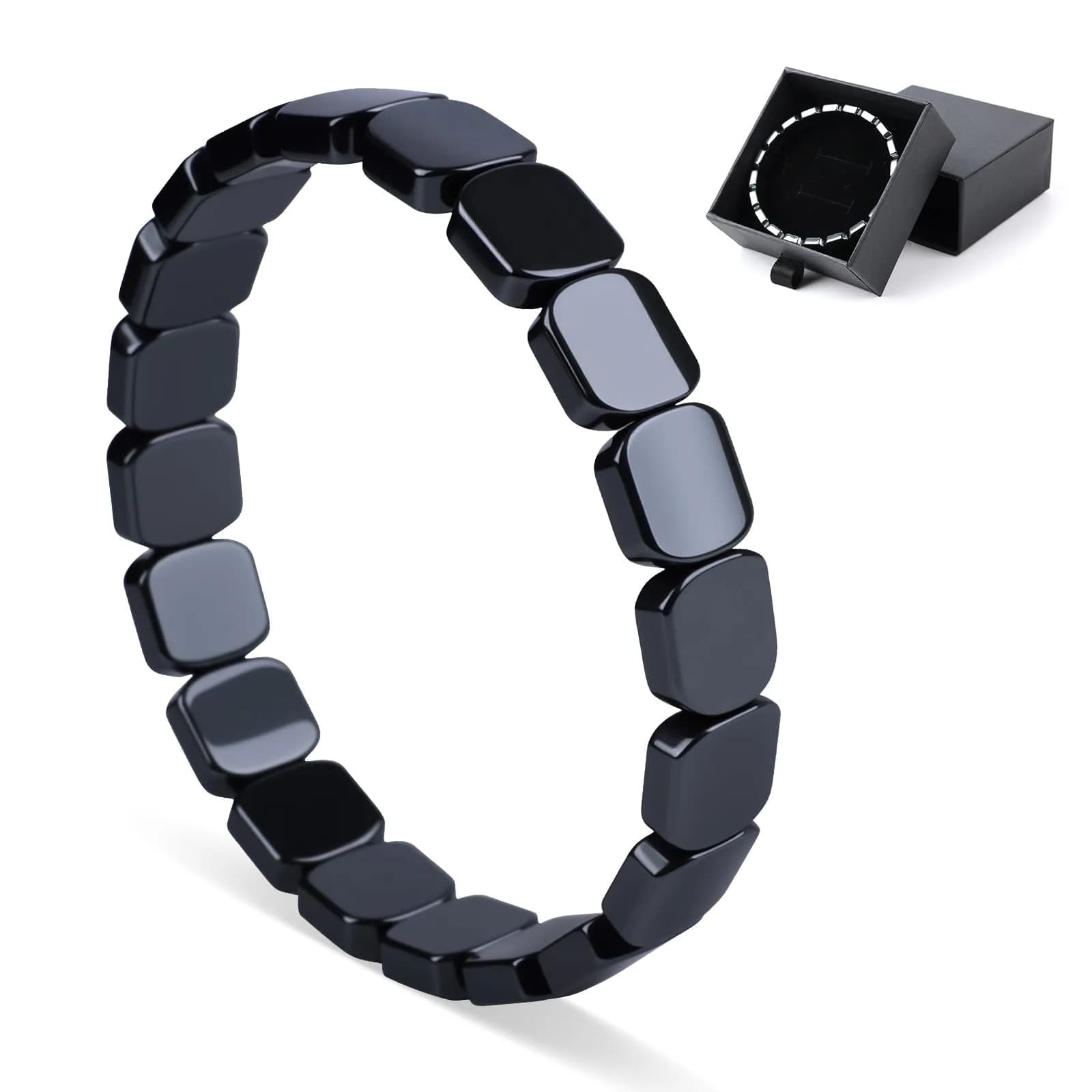 SHANGFEI Natural Hematite Bracelet for Men | 10.16 cm (4 inches) Square Beads — Black