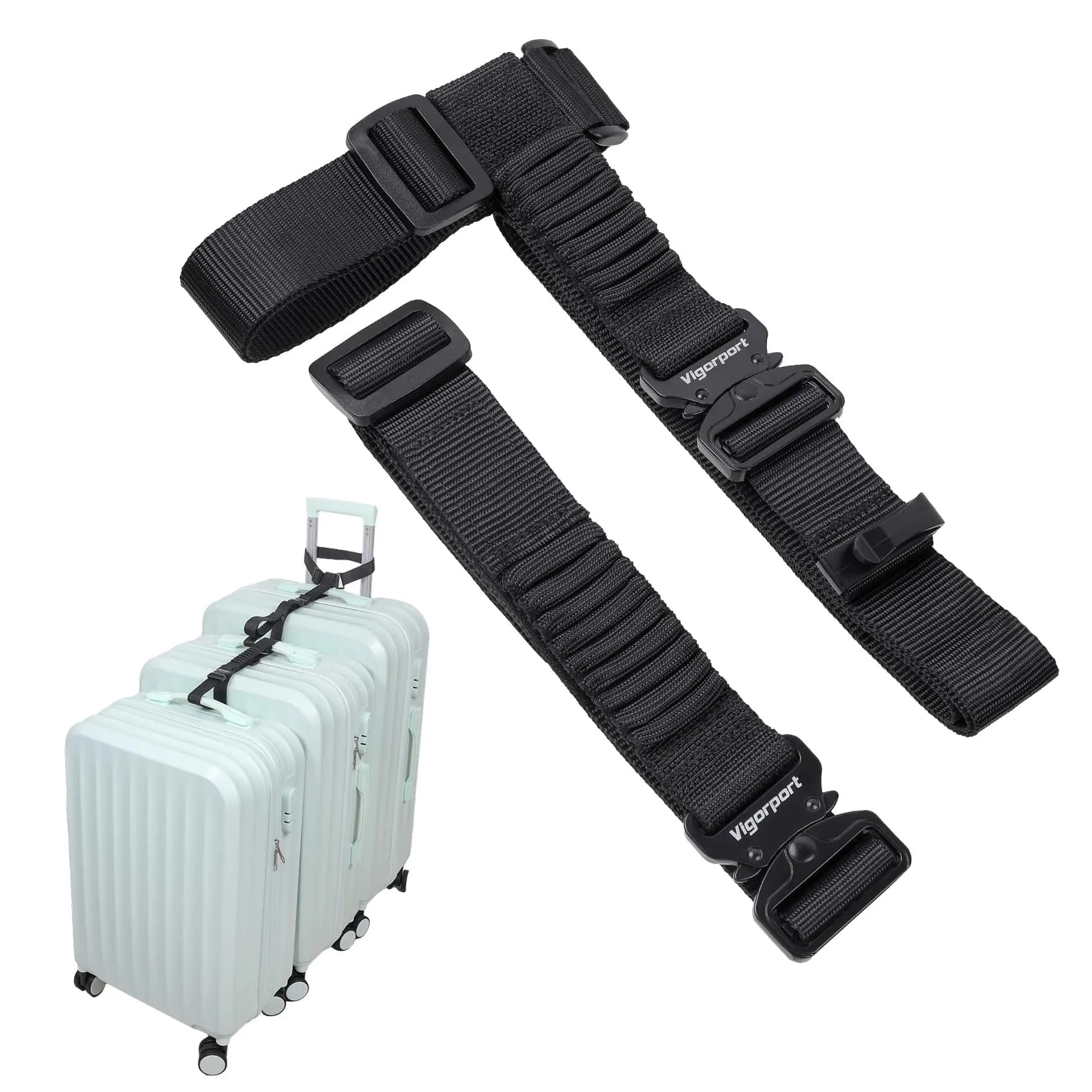 Vigorport Luggage Straps with Metal Buckle, 2-Pack, Black | Connect Luggage for Easier Travel