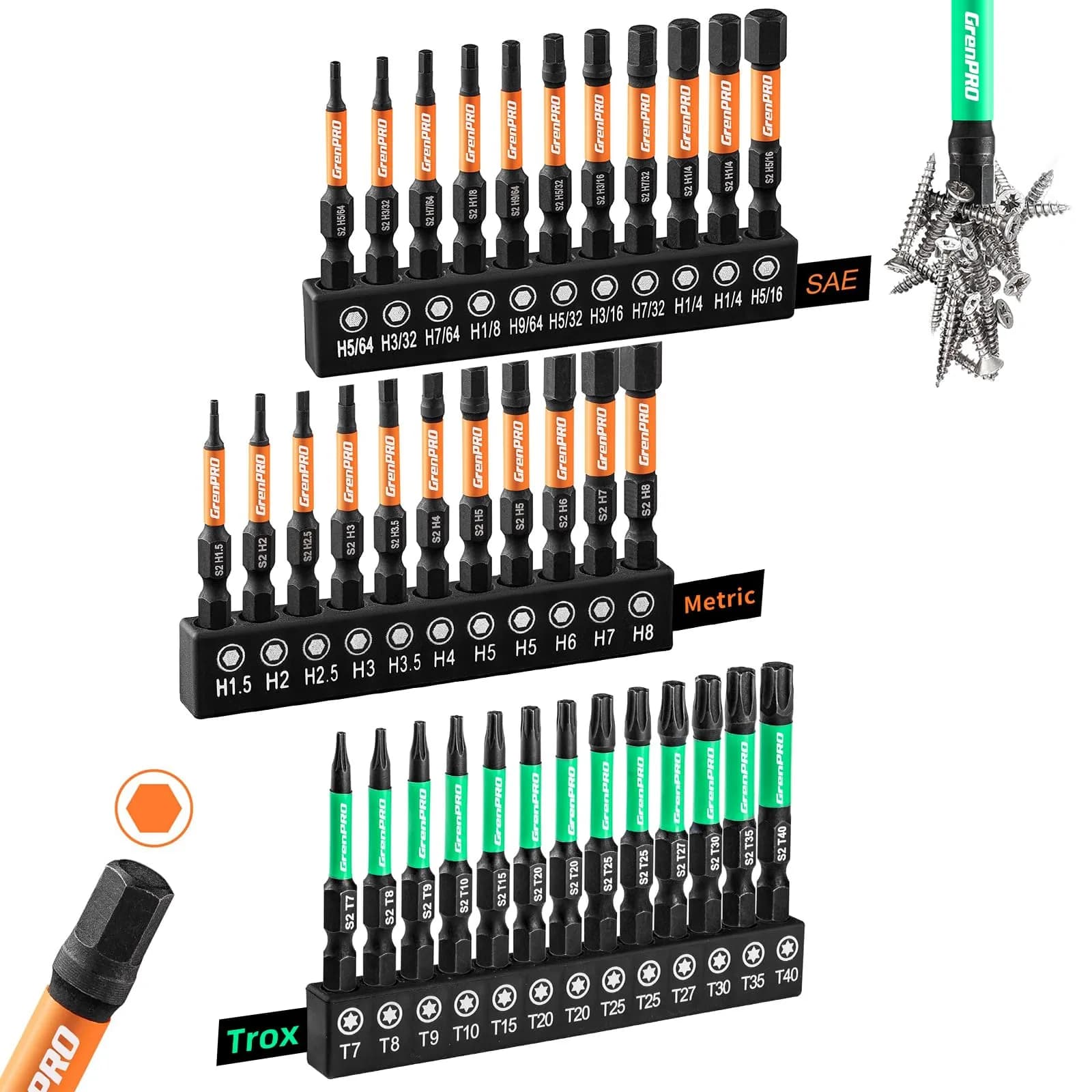 GRENPRO 35-Piece Impact Screwdriver Bit Set, 2" (5.08 cm) S2 Steel | For Impact Drivers & Automotive Repairs — 2" 35pcs(Trox&Metric&SAE)