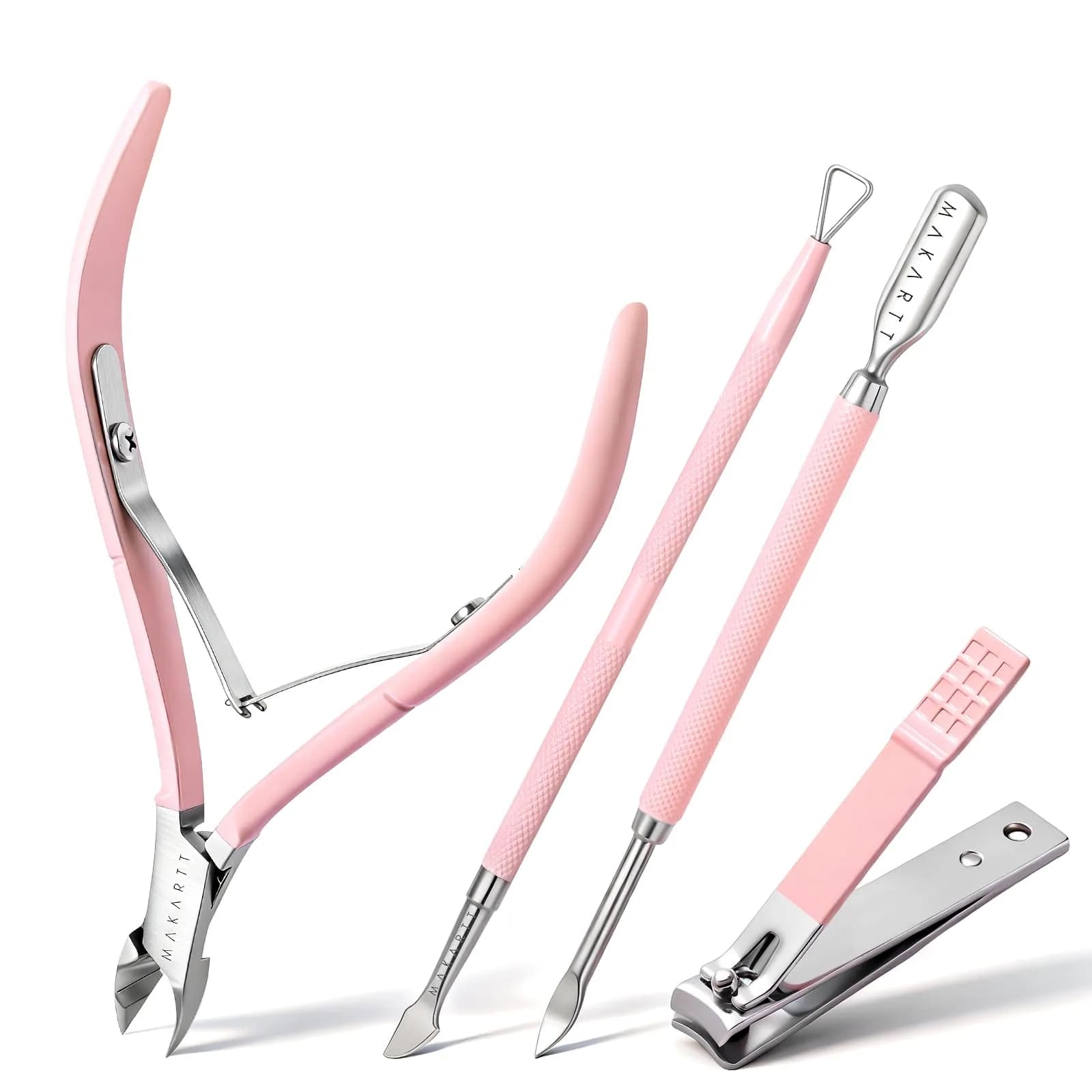 Makartt Pink Cuticle Trimmer Set with 2 Pushers, Nail Clipper & Nipper | Professional Stainless Steel Manicure Tools for Precise Nail Prep — Cuticle Tools-4pcs