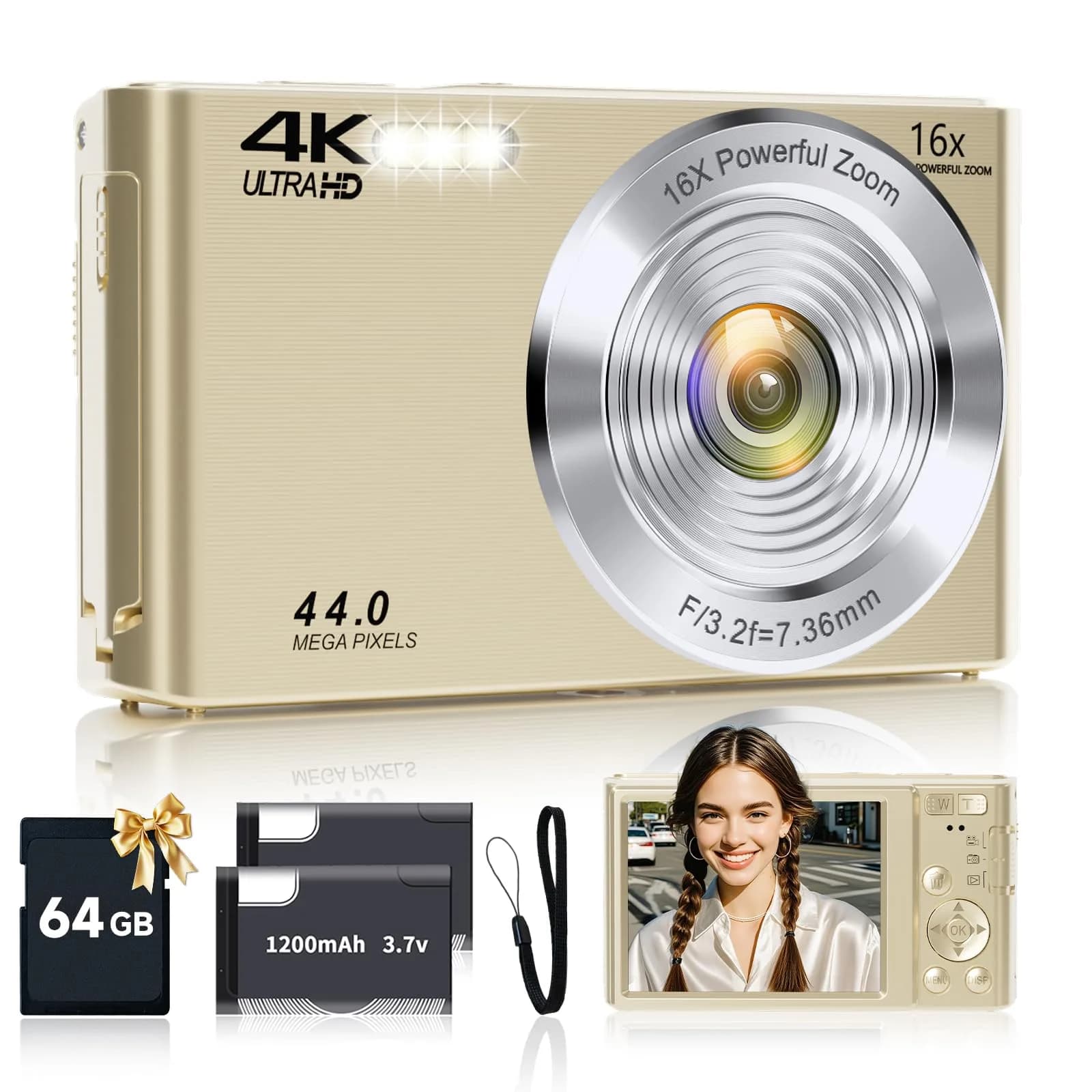 SMARTKLIK Gold Digital Camera 44MP FHD 4K | 16X Zoom, 2.8" LCD, 64GB Card - main product image