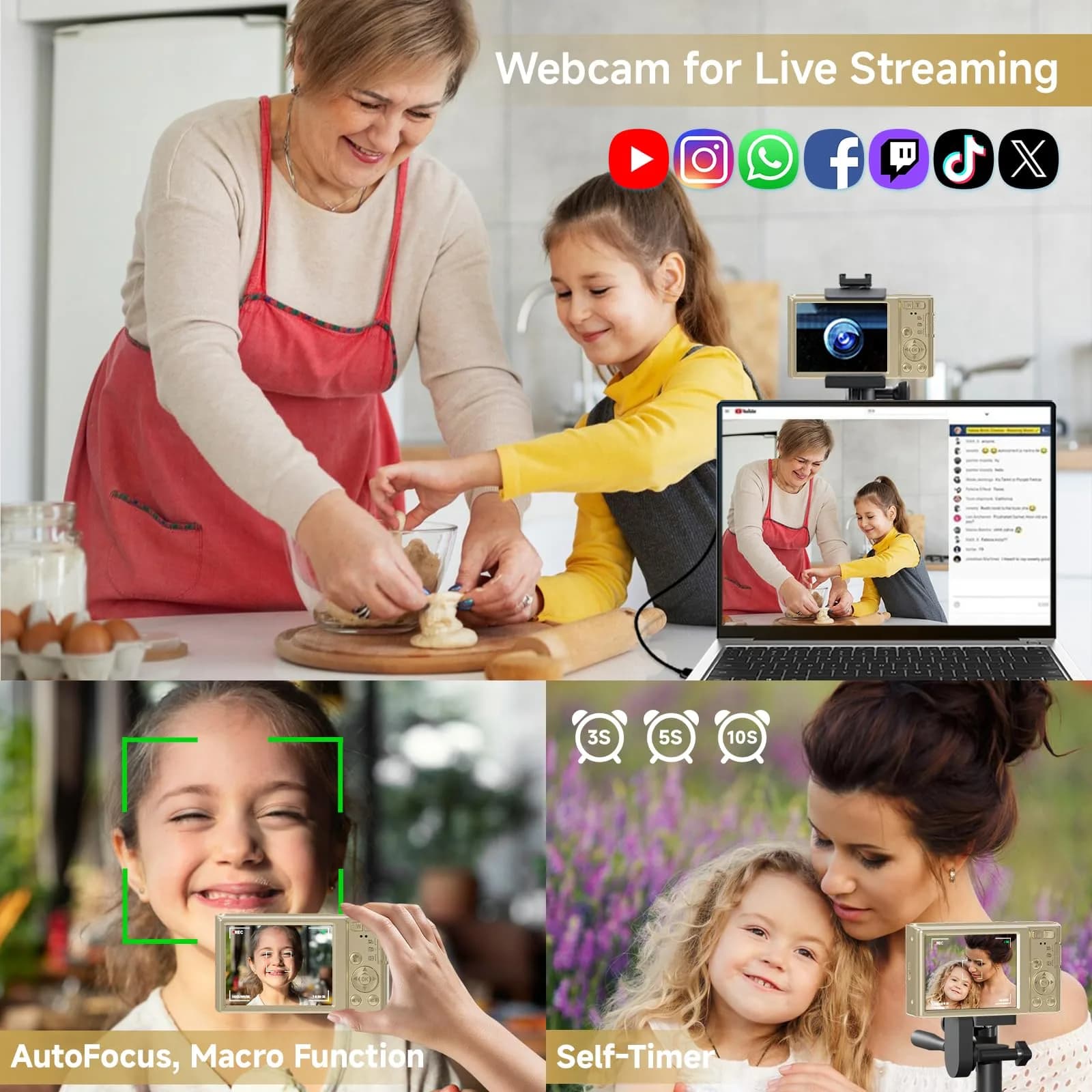 SMARTKLIK Gold Digital Camera 44MP FHD 4K | 16X Zoom, 2.8" LCD, 64GB Card - view 6
