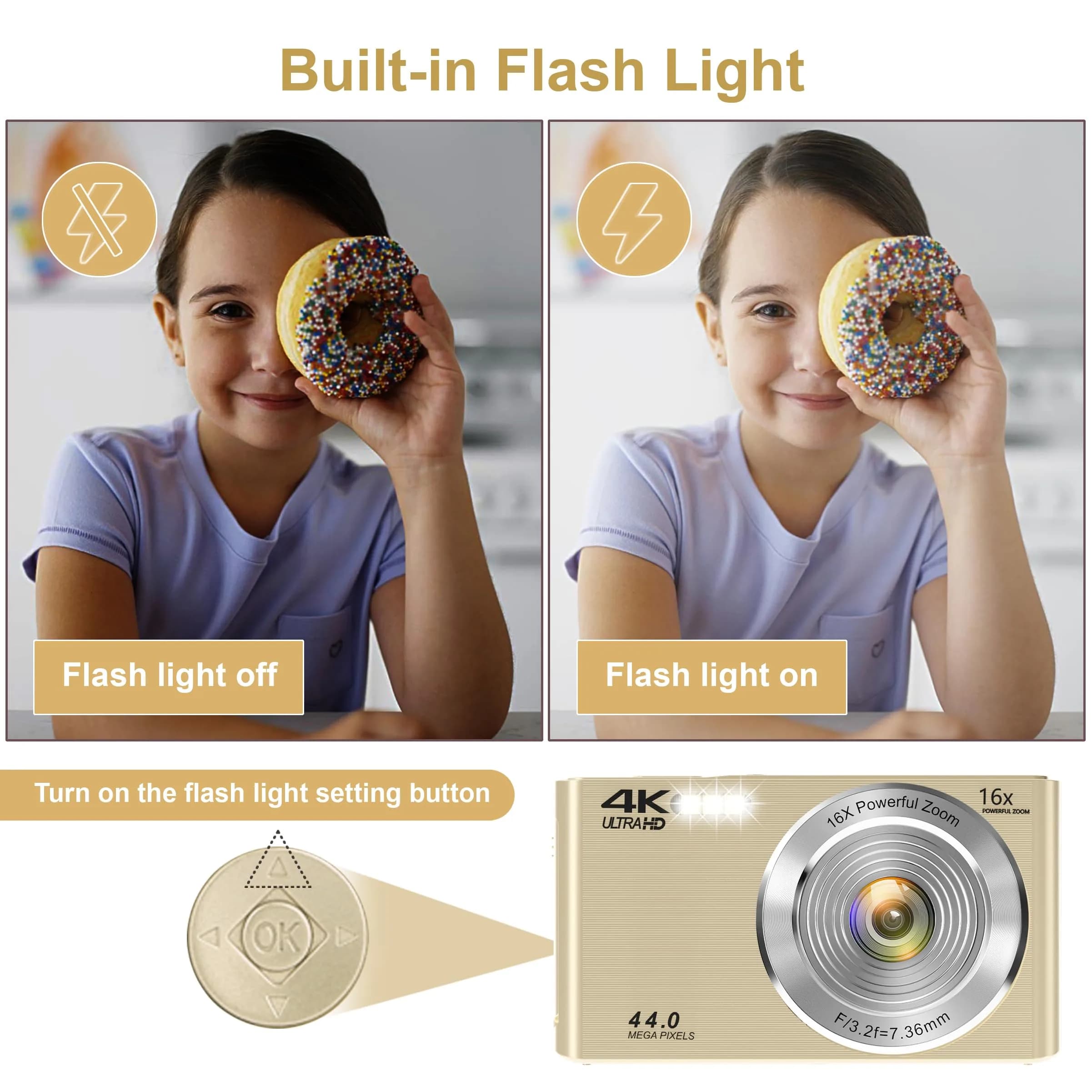 SMARTKLIK Gold Digital Camera 44MP FHD 4K | 16X Zoom, 2.8" LCD, 64GB Card - view 7