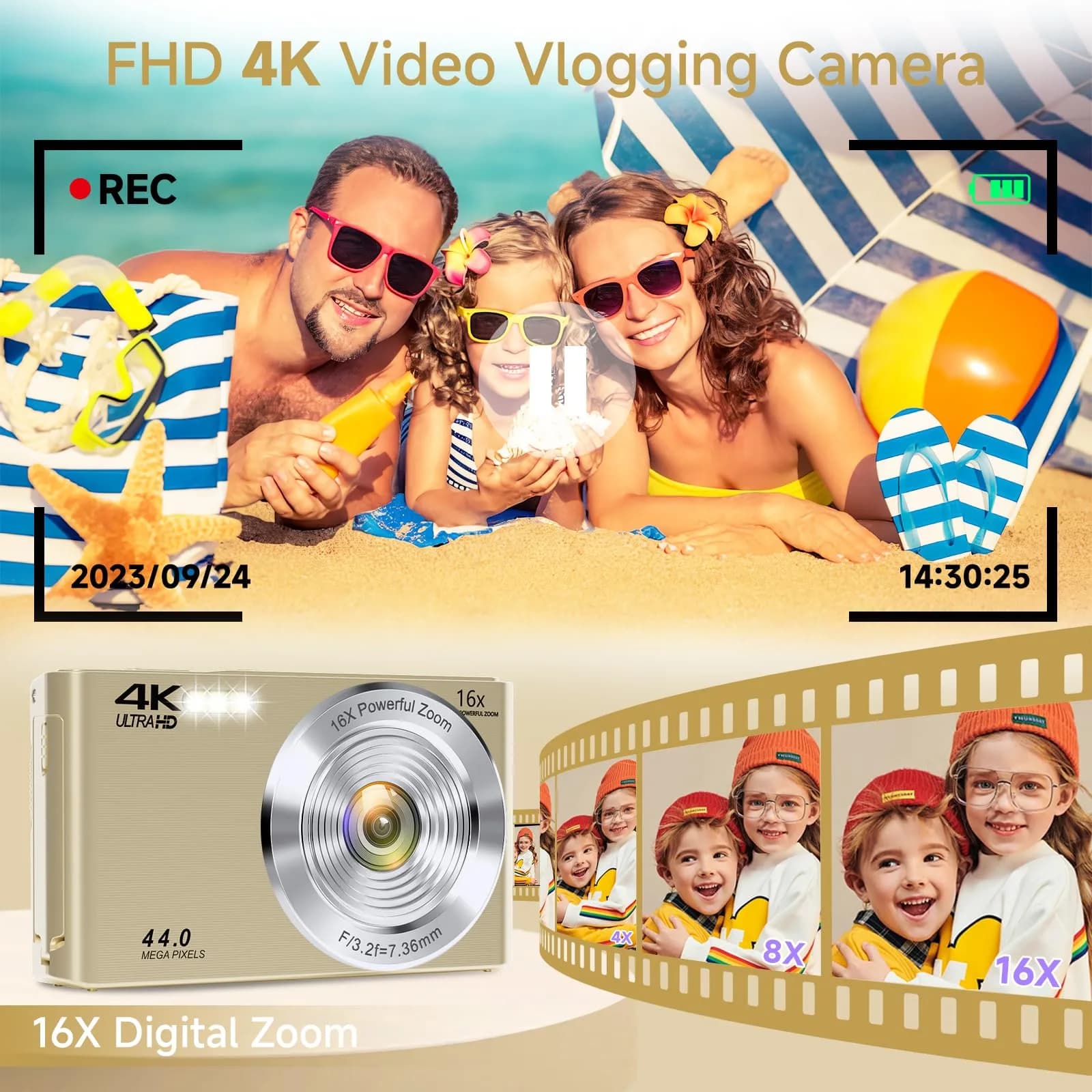 SMARTKLIK Gold Digital Camera 44MP FHD 4K | 16X Zoom, 2.8" LCD, 64GB Card - view 3