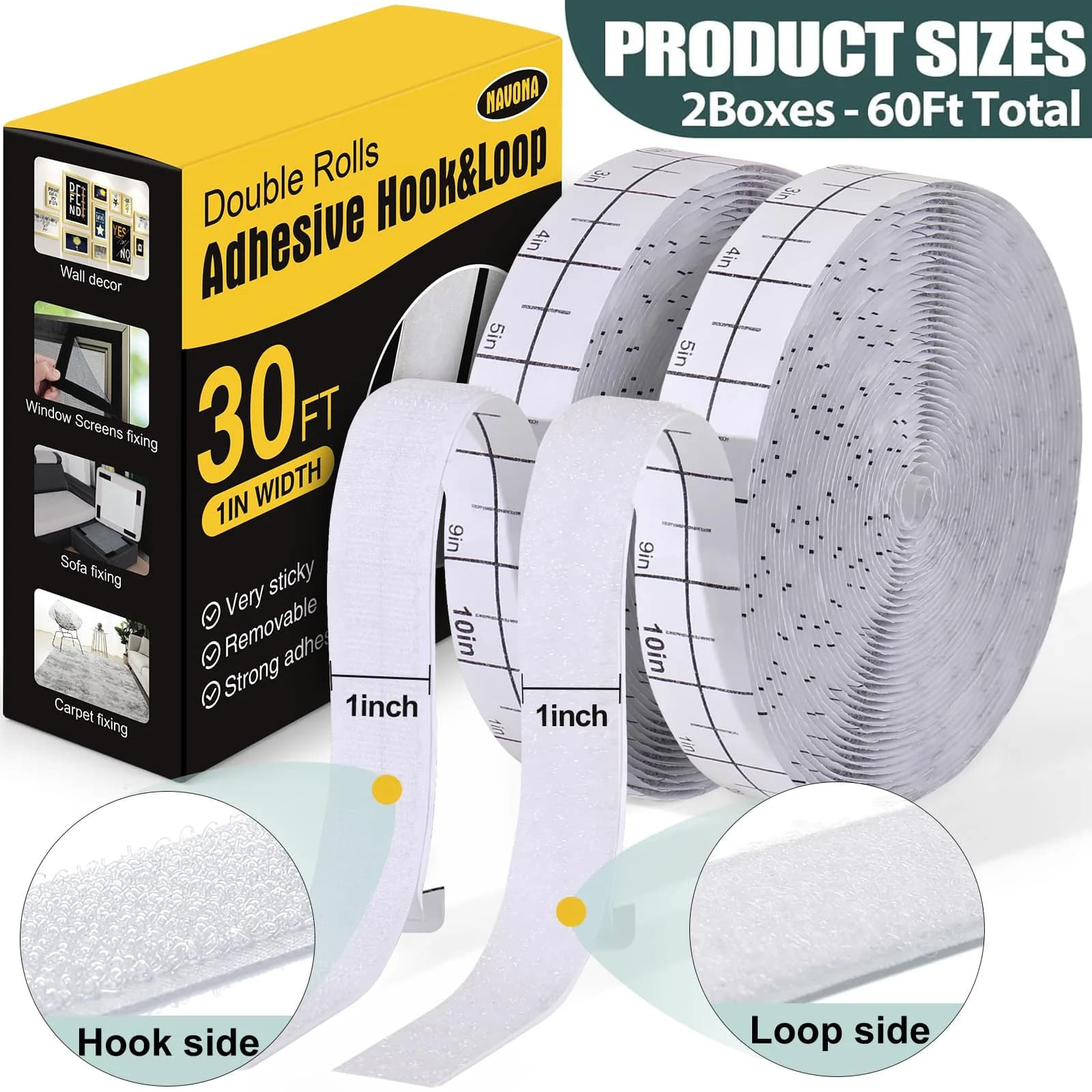 Navona Heavy Duty Hook and Loop Strips with Adhesive, 60ft Total x 1 Inch White | Industrial Strength Fastener Tape - view 2