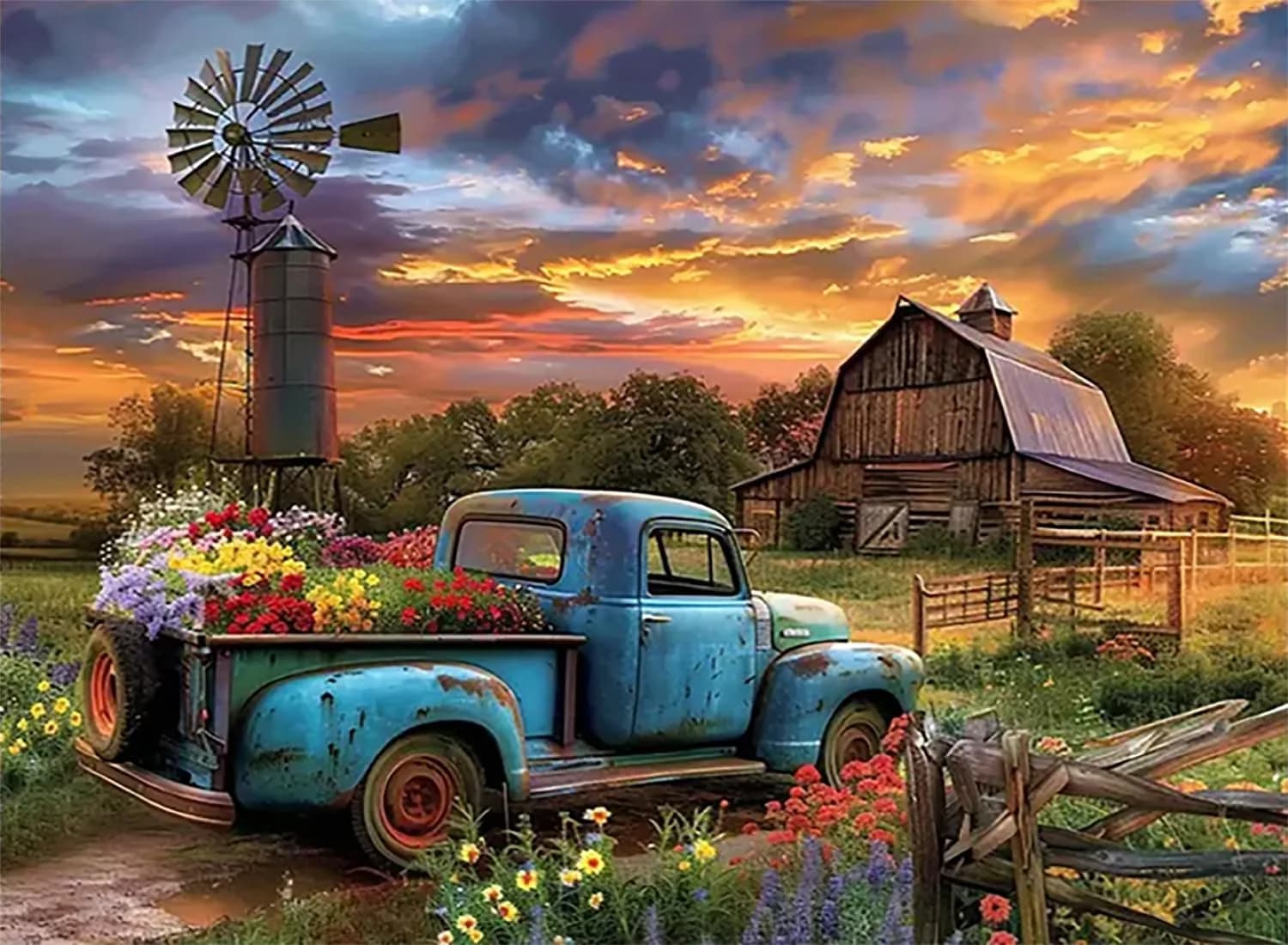 Fairyland JinWenn Rustic Farmhouse Barn Truck Flower Paint by Numbers Kit for Adults 40x50 cm | Relaxing DIY Wall Art — YH02563