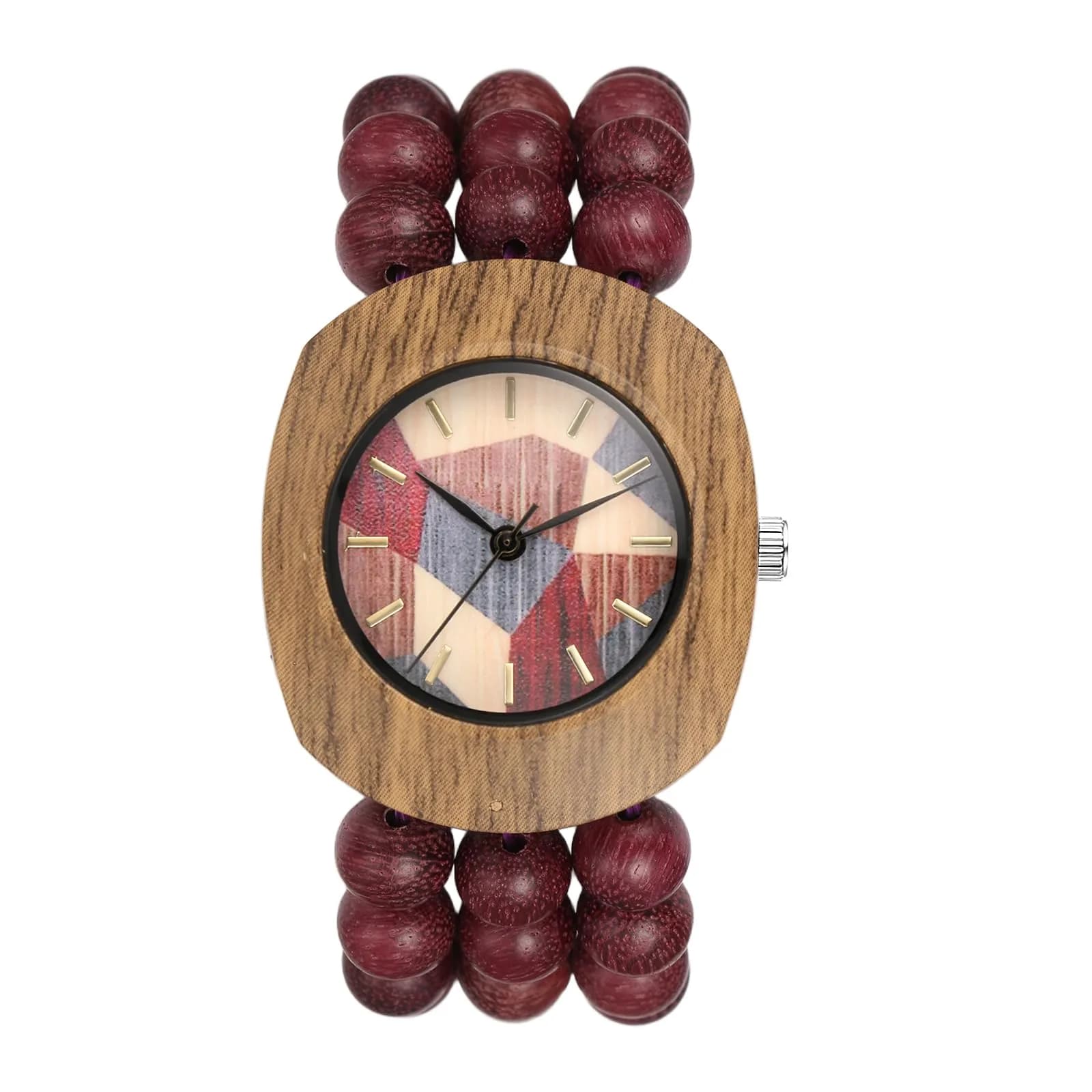 JewelryWe Bohemian Wooden Elastic Watch: Handcrafted Tonneau Beaded Wood Bracelet Analog Quartz Wristwatch for Women 3.7cm (1.46") Case | Artistic Colorblock Dial — a