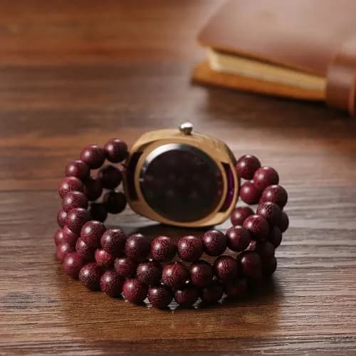 JewelryWe Bohemian Wooden Elastic Watch: Handcrafted Tonneau Beaded Wood Bracelet Analog Quartz Wristwatch for Women 3.7cm (1.46") Case | Artistic Colorblock Dial thumbnail 4