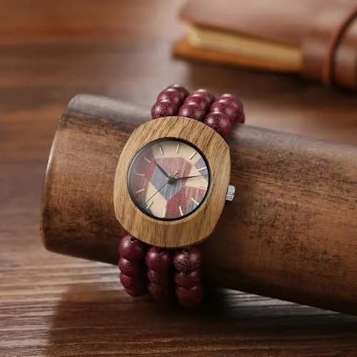 JewelryWe Bohemian Wooden Elastic Watch: Handcrafted Tonneau Beaded Wood Bracelet Analog Quartz Wristwatch for Women 3.7cm (1.46") Case | Artistic Colorblock Dial thumbnail 5