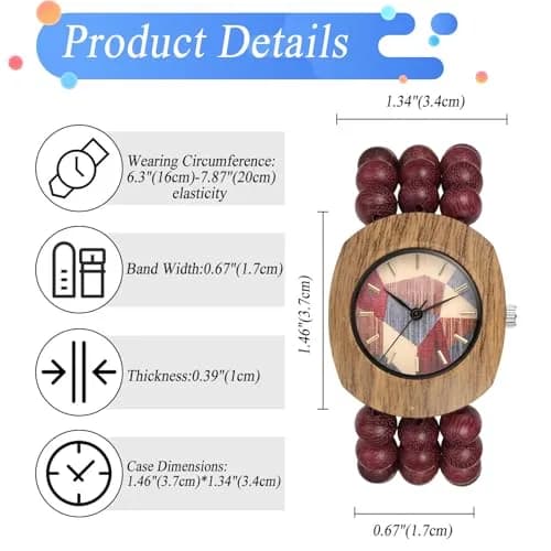 JewelryWe Bohemian Wooden Elastic Watch: Handcrafted Tonneau Beaded Wood Bracelet Analog Quartz Wristwatch for Women 3.7cm (1.46") Case | Artistic Colorblock Dial thumbnail 6