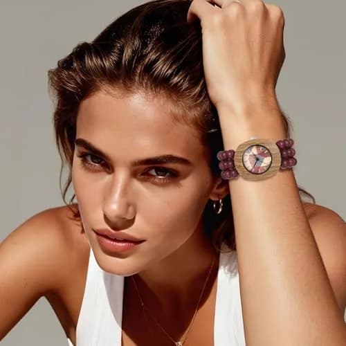 JewelryWe Bohemian Wooden Elastic Watch: Handcrafted Tonneau Beaded Wood Bracelet Analog Quartz Wristwatch for Women 3.7cm (1.46") Case | Artistic Colorblock Dial thumbnail 8