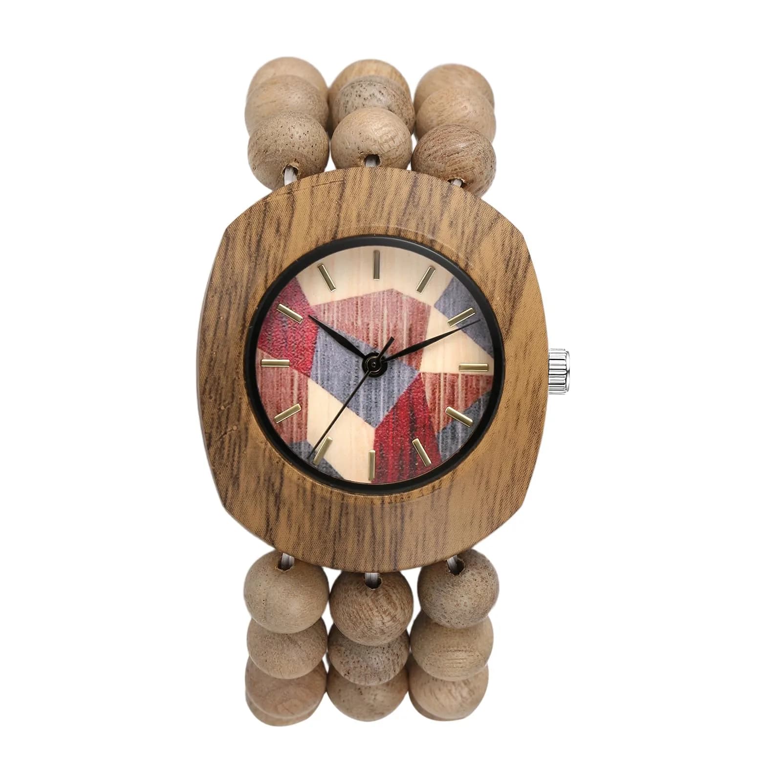 JewelryWe Bohemian Wooden Elastic Watch with Butterfly Dial | 3.7cm Tonneau Case, 1.7cm Band Width — c