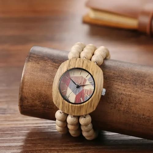 JewelryWe Bohemian Wooden Elastic Watch 3.7cm (1.46in) Case | Handcrafted Wood Bracelet Analog Quartz Wristwatch for Women thumbnail 6