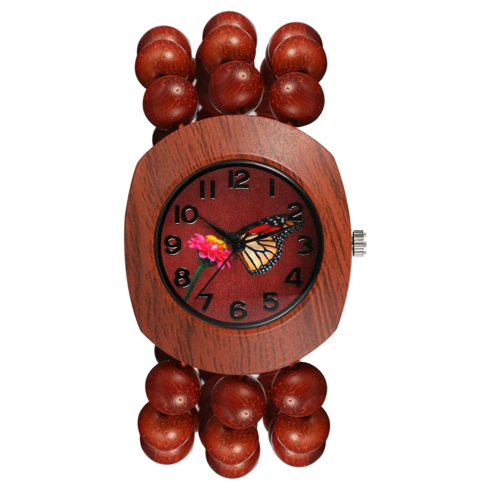 JewelryWe Bohemian Wooden Elastic Watch with Butterfly Dial | 3.7cm Tonneau Case, 1.7cm Band Width — d