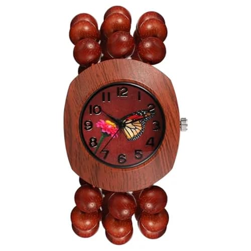 JewelryWe Bohemian Wooden Elastic Watch with Butterfly Dial | 3.7cm Tonneau Case, 1.7cm Band Width thumbnail 1