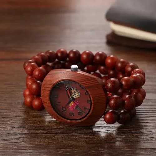 JewelryWe Bohemian Wooden Elastic Watch with Butterfly Dial | 3.7cm Tonneau Case, 1.7cm Band Width thumbnail 5