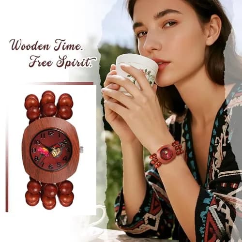 JewelryWe Bohemian Wooden Elastic Watch with Butterfly Dial | 3.7cm Tonneau Case, 1.7cm Band Width thumbnail 7