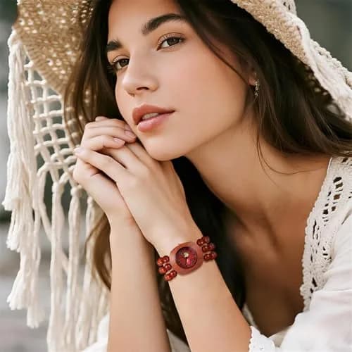 JewelryWe Bohemian Wooden Elastic Watch with Butterfly Dial | 3.7cm Tonneau Case, 1.7cm Band Width thumbnail 2
