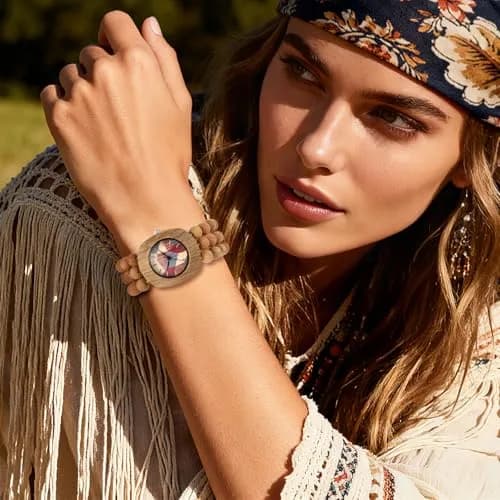 JewelryWe Bohemian Wooden Elastic Watch for Women | 3.7cm Tonneau Case, 1.7cm Band Width thumbnail 4