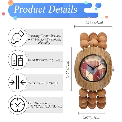 JewelryWe Bohemian Wooden Elastic Watch for Women | 3.7cm Tonneau Case, 1.7cm Band Width thumbnail 2