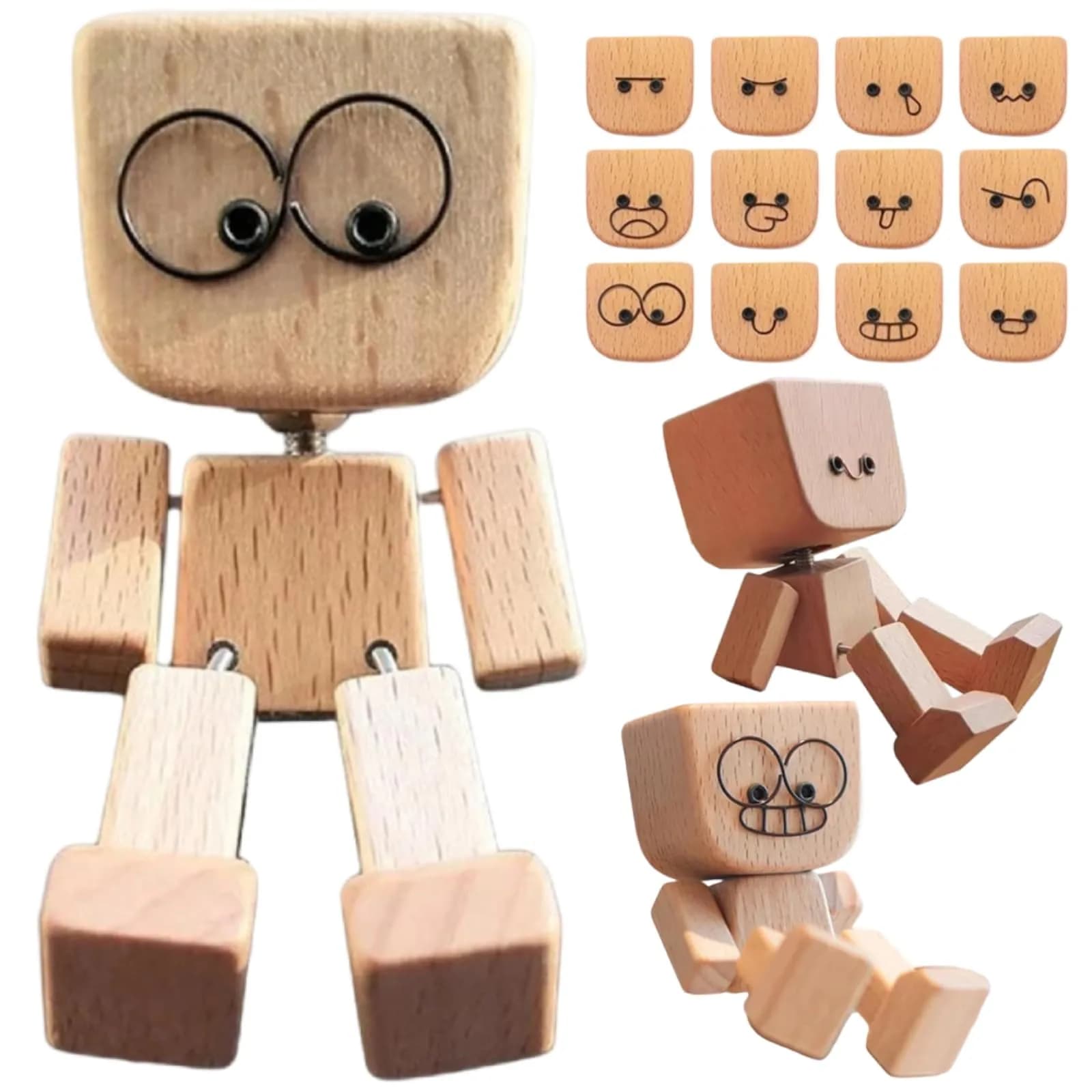 SnapMorph Shaking Wooden Man Figurine 1.5 inches x 1.5 inches x 3.1 inches | Handmade Car & Desk Decor with 12 Magnetic Faces - main product image