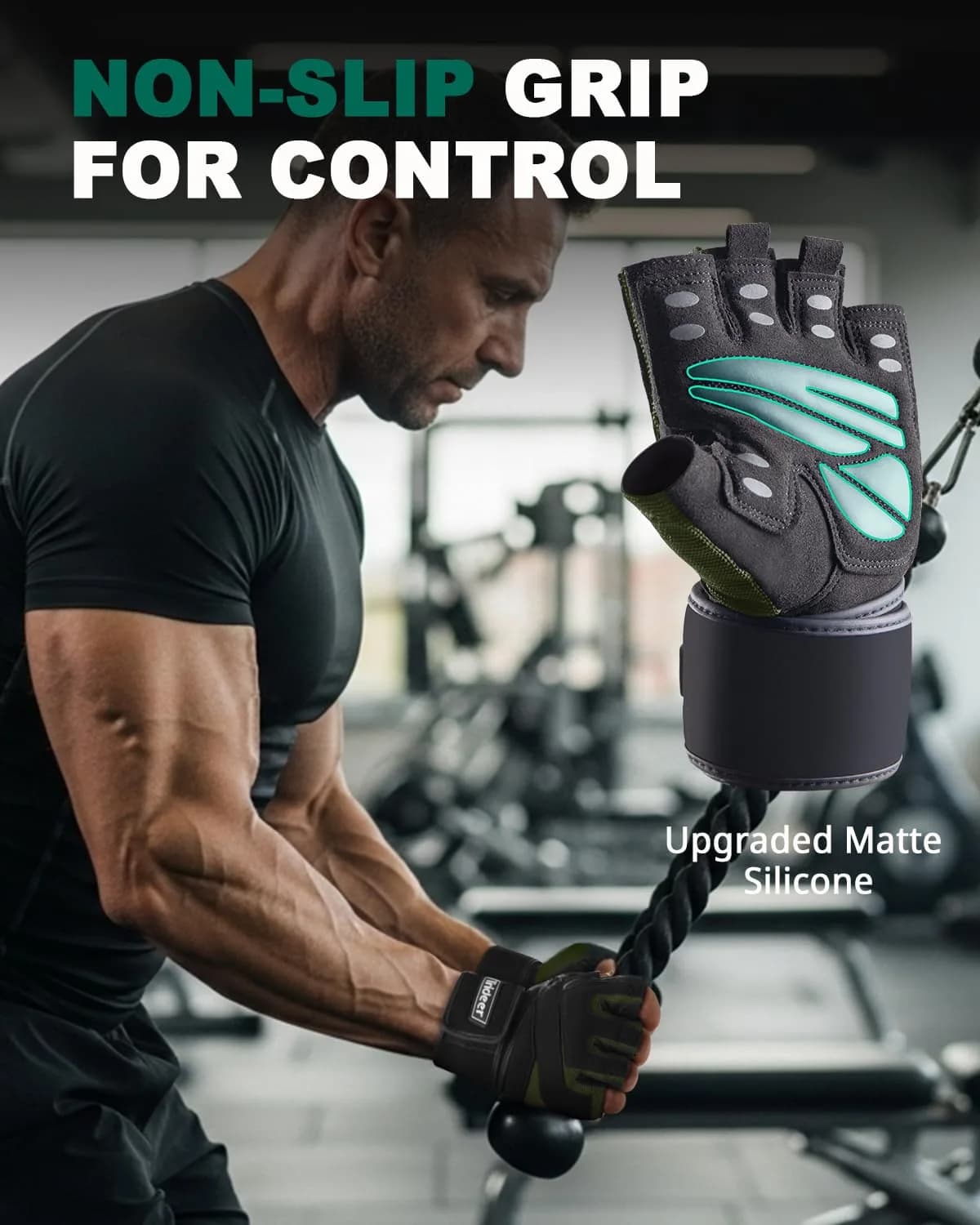 Trideer OliveGreen-Black Workout Gloves with Wrist Wraps - Large Size - view 4