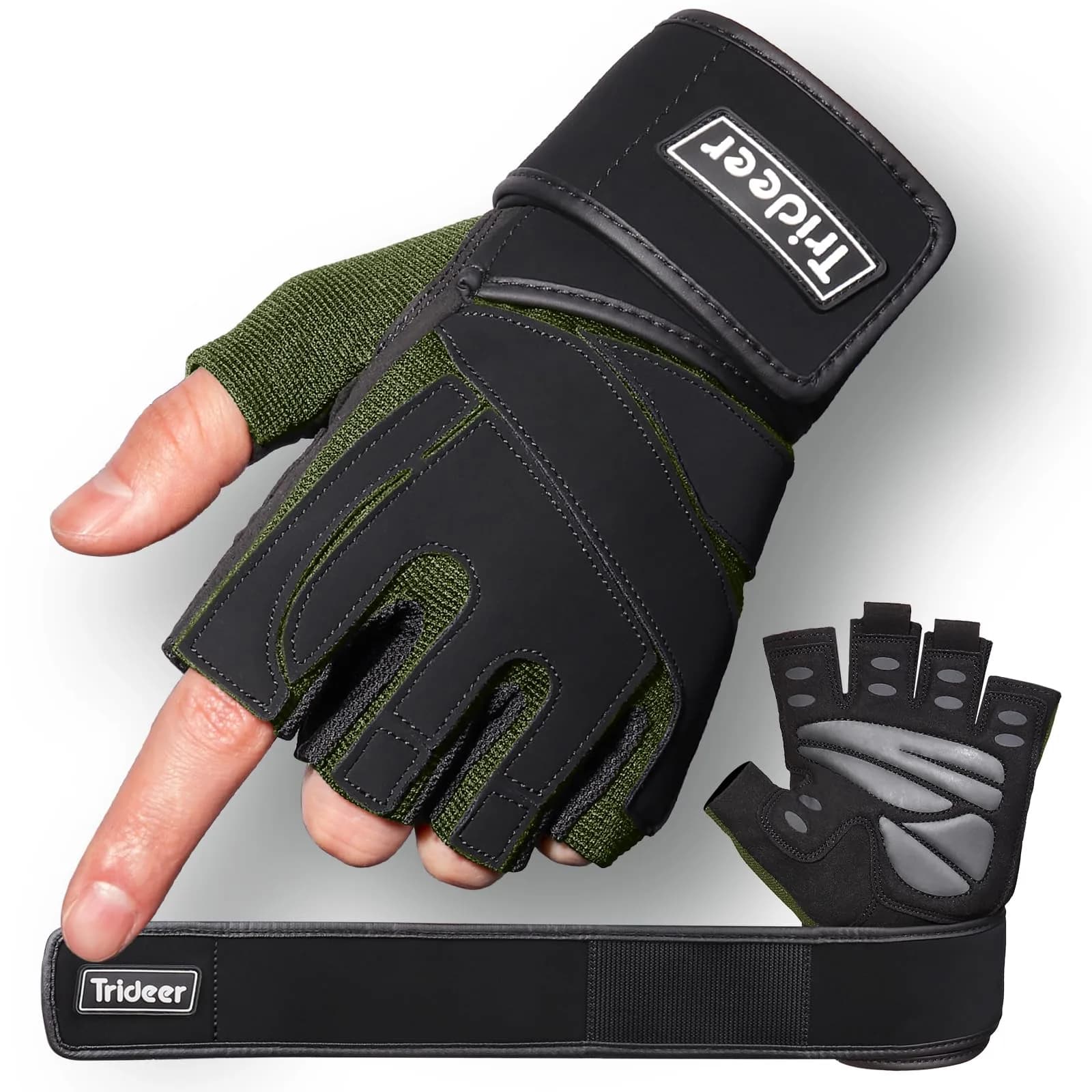 Trideer OliveGreen-Black Workout Gloves with Wrist Wraps - Large Size - main product image