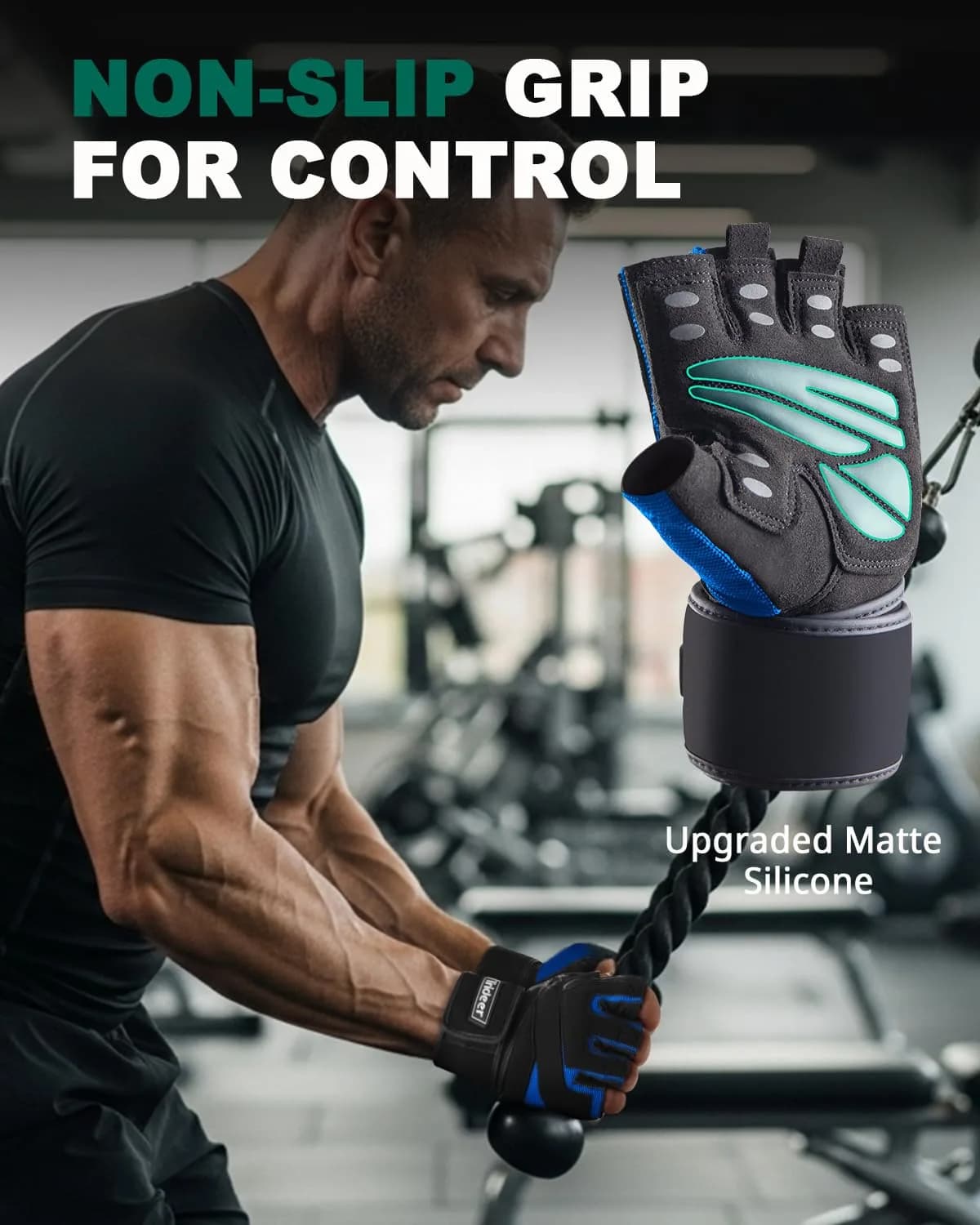 Trideer Workout Gloves with Wrist Wraps - Blue-Black, Large Size - Full Palm Protection & Grip - view 4
